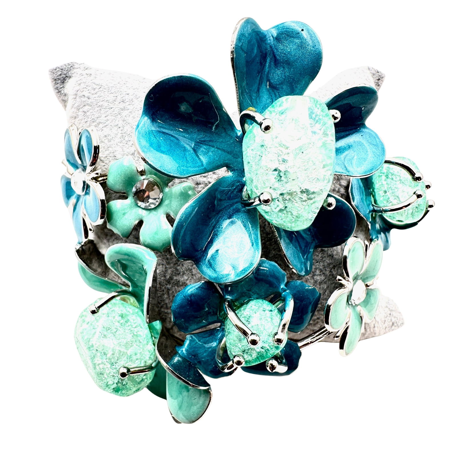 Large Bold Blue Enamel Gemstone Crystal Flower Cuff Bracelet Silver Tone Adjustable (1 of 2)