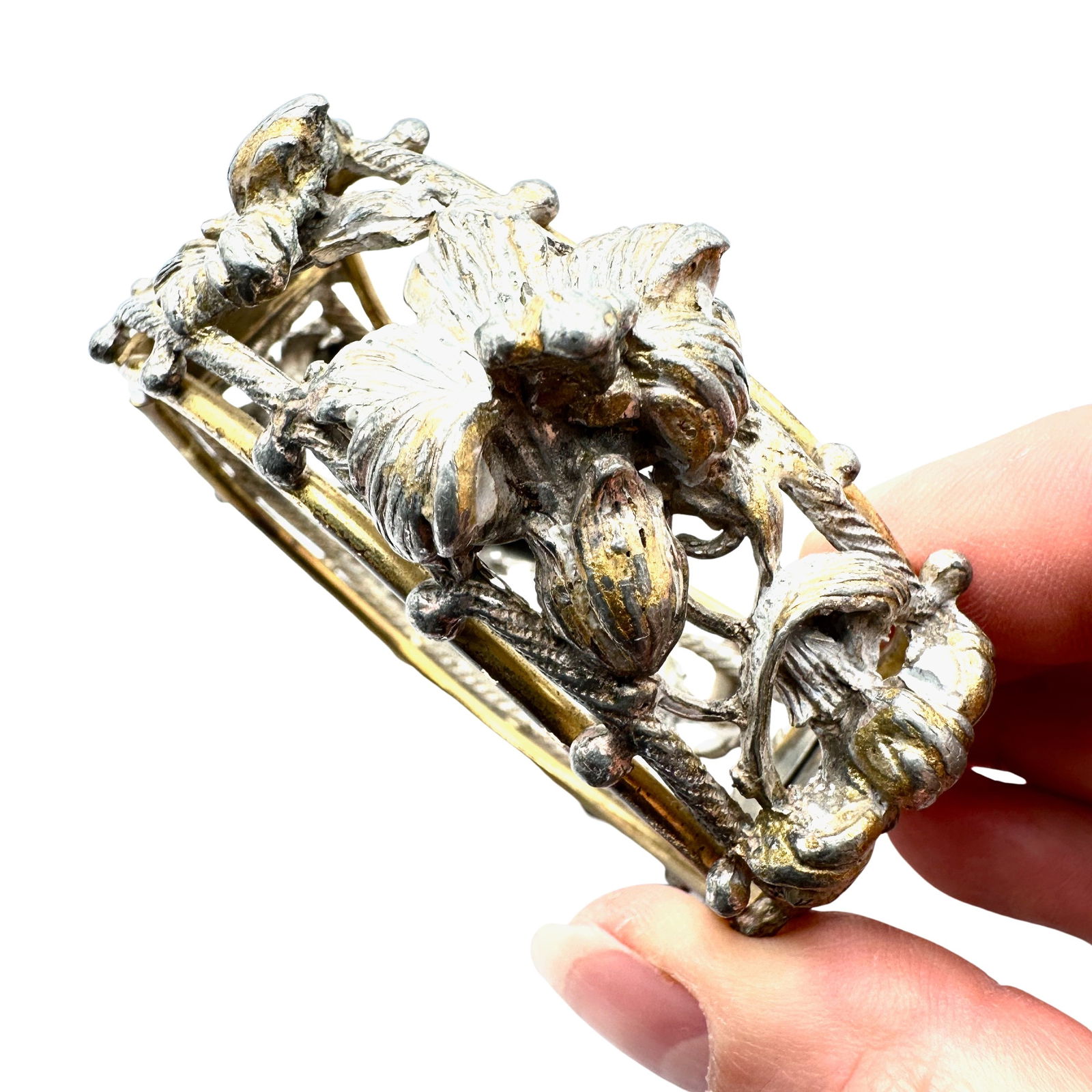 Vintage Older Silver & Gold Tone Hinged Bangle Bracelet Heavy Quality 7 Inch Ornate Design (1 of 2)