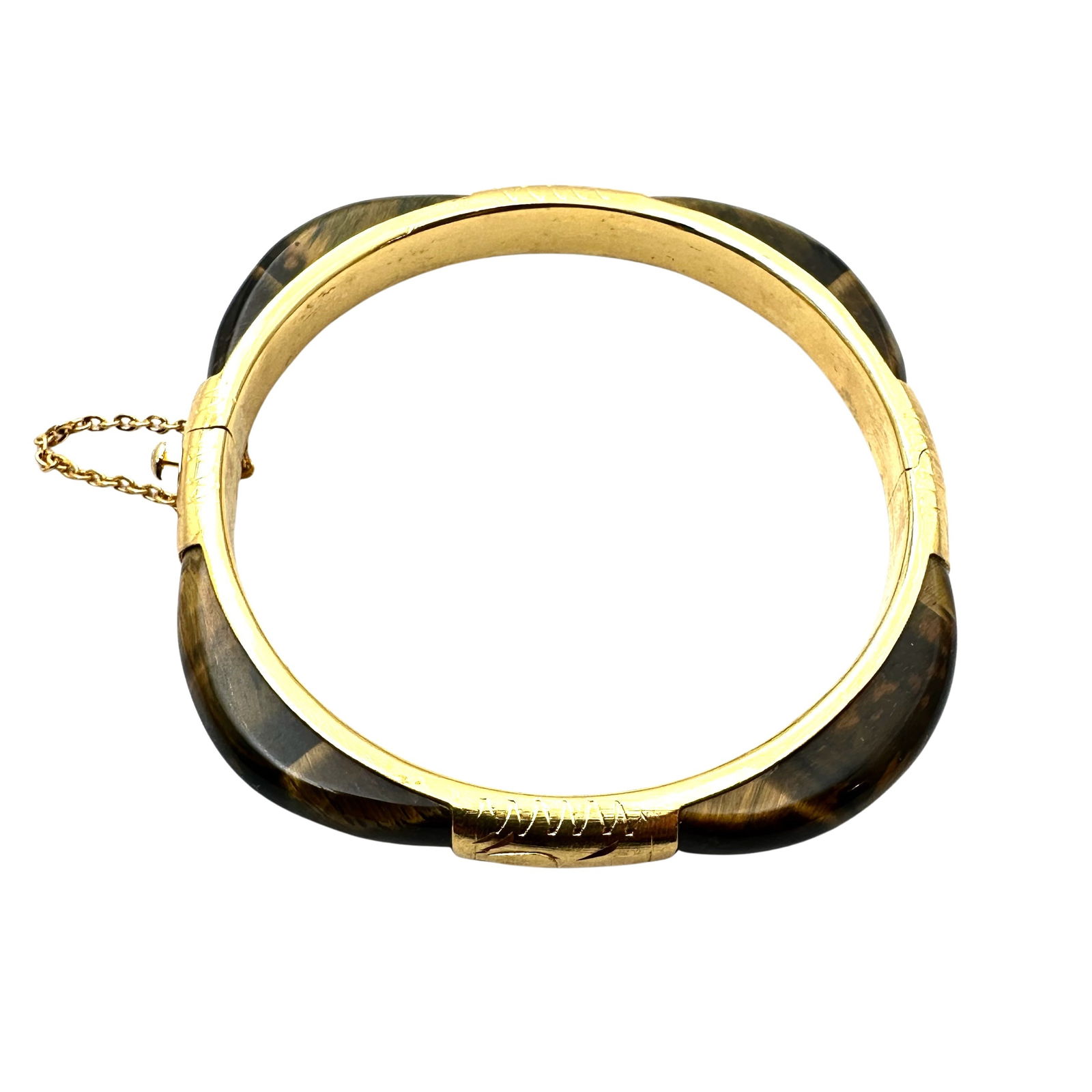 Vintage Tigers Eye Gemstone Gold Plated Hinged Bangle Bracelet 7 1/4 Inch (1 of 2)