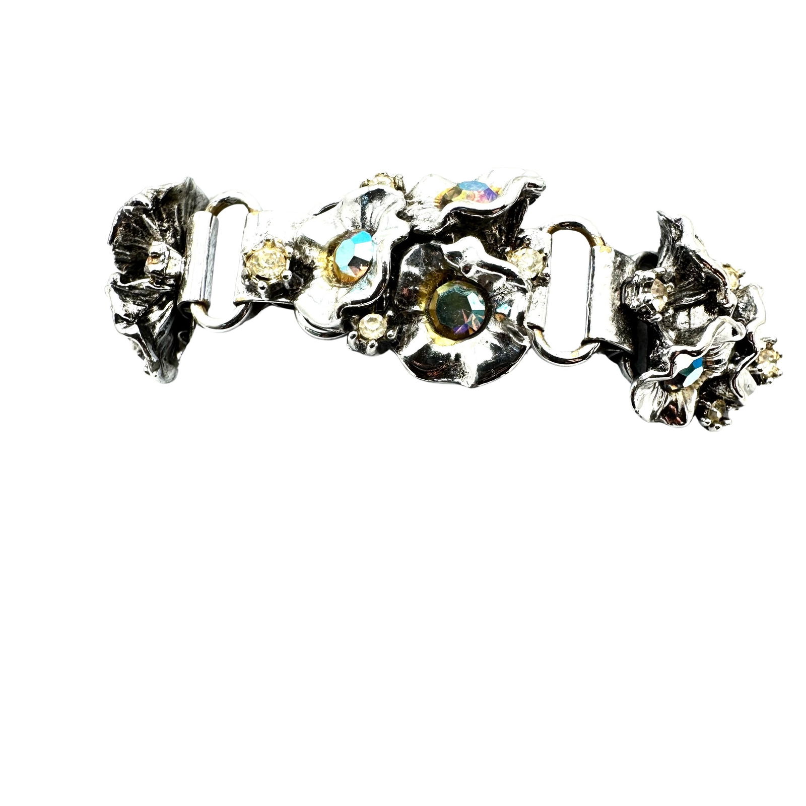 Vintage Silver Tone Aurora Borealis Rhinestone Silver Tone Flower Book Chain Bracelet 7 Inch: Vintage Silver Tone Aurora Borealis Rhinestone Silver Tone Flower Book Chain Bracelet 7 Inch