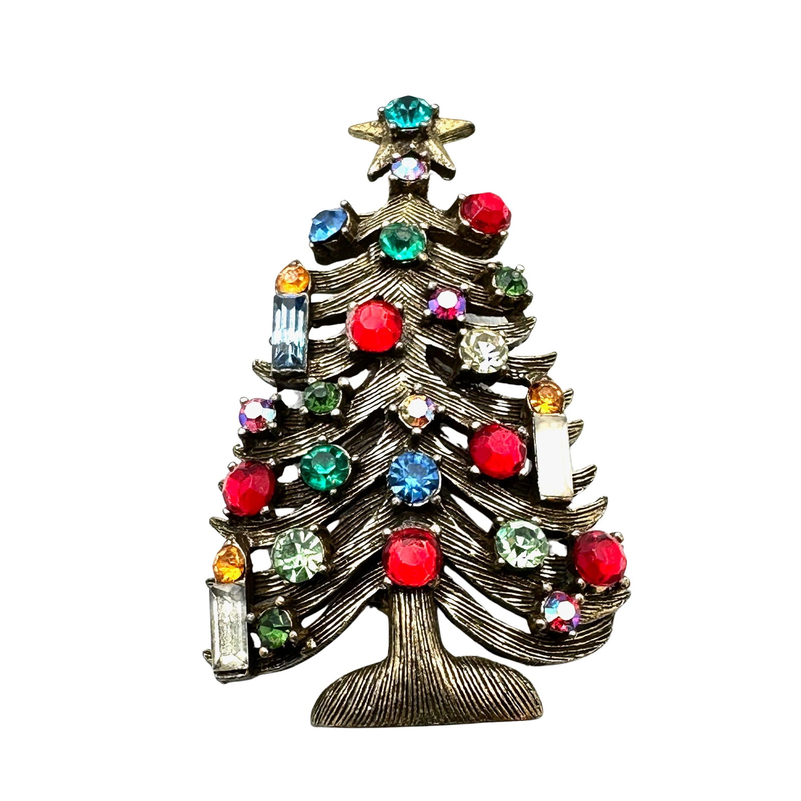 Vintage Weiss Multicolor Rhinestone Candle Christmas Tree Brooch Pin 2.5 Inch Antiqued Gold Tone (1 of 2)