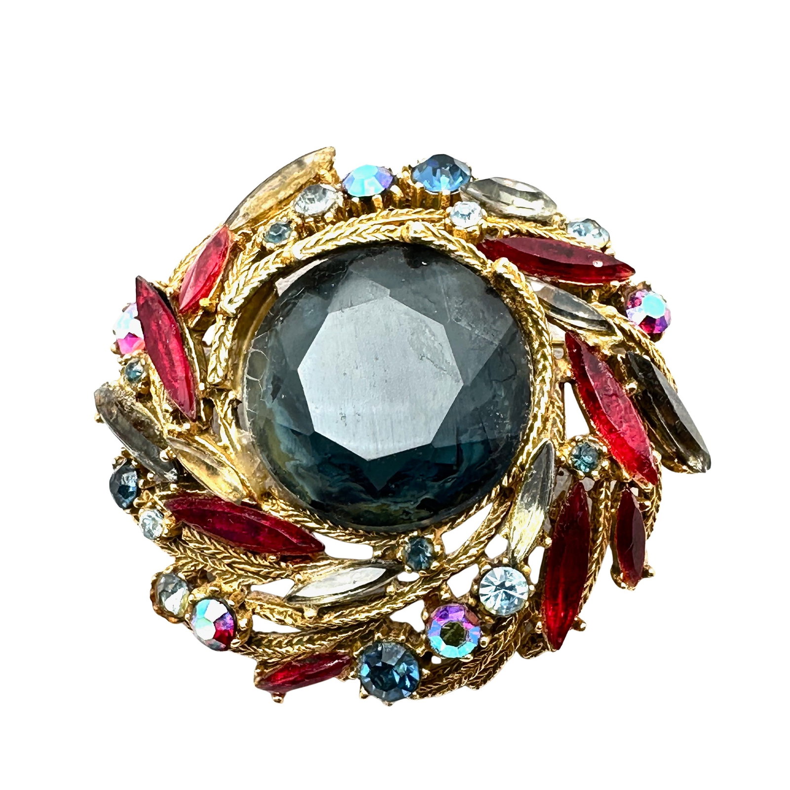 Vintage Art Arthur Pepper Blue Red Glass Rhinestone Gold Tone Brooch Pin 2.5 Inch: Vintage Art Arthur Pepper Blue Red Glass Rhinestone Gold Tone Brooch Pin 2.5 Inch