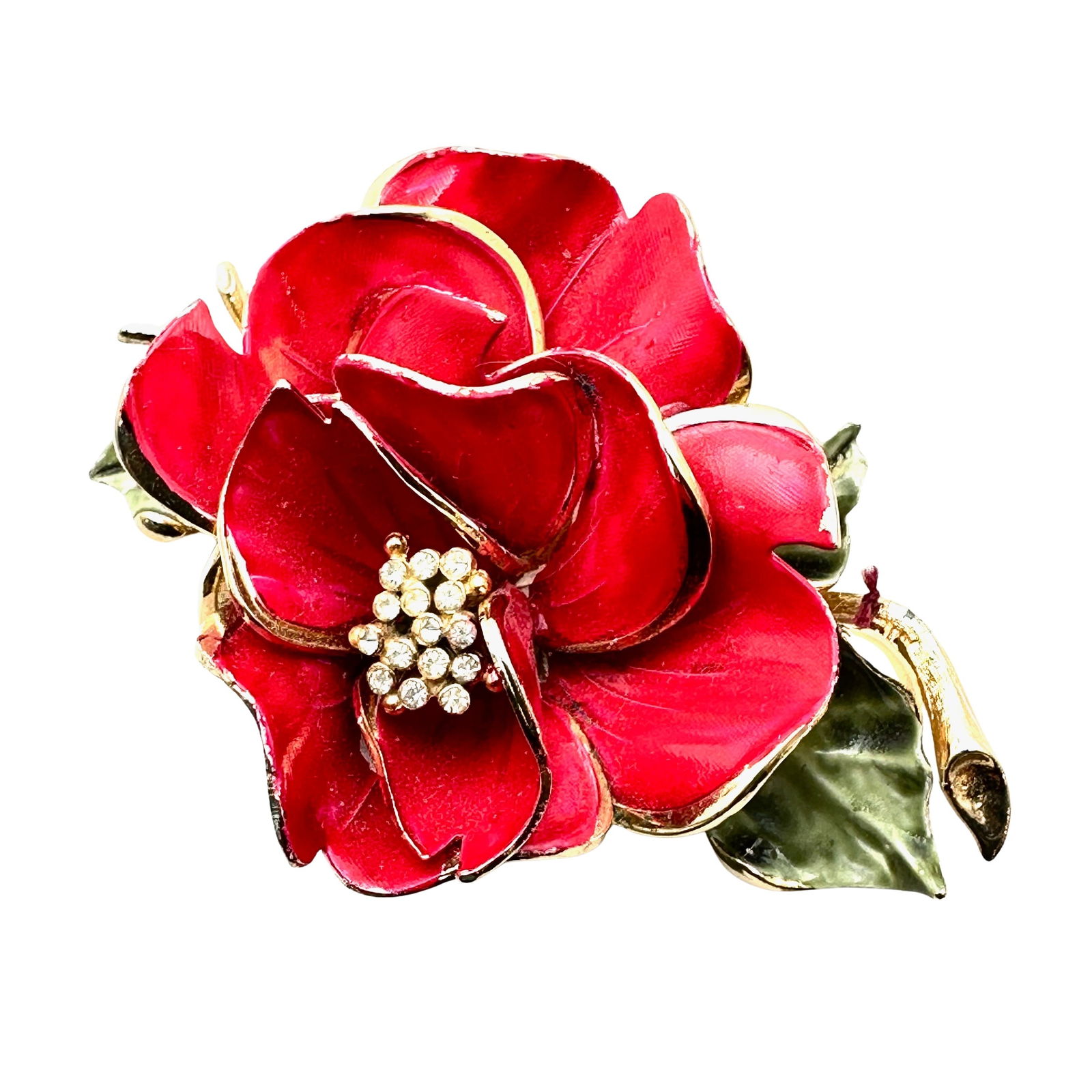 Vintage Vendome Red Enamel Flower Clear Rhinestone Gold Tone Brooch Pin 2.5 Inch (1 of 2)