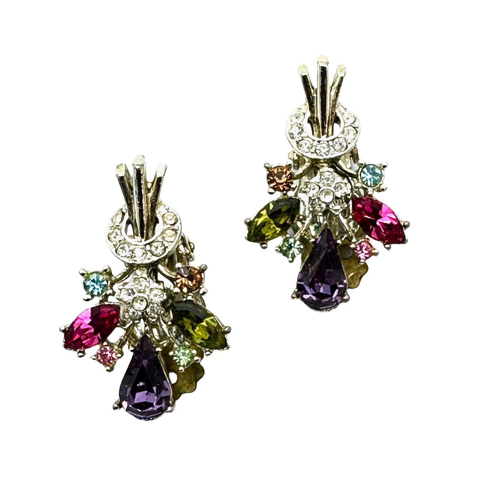 Vintage Weiss Multicolor Rhinestone Silver Tone Clip Earrings 1.25 Inch (1 of 2)