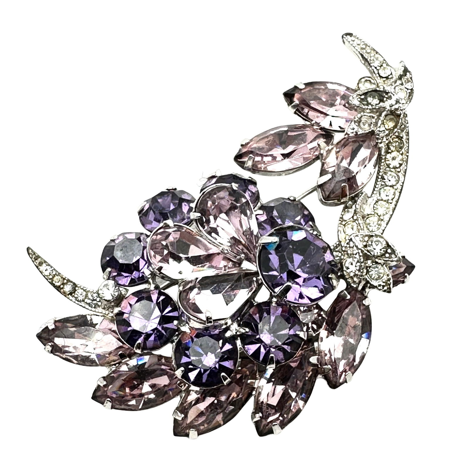 Vintage Eisenberg Ice Purple Clear Glass Rhinestone Silver Tone Brooch Pin 2.5 Inch (1 of 2)