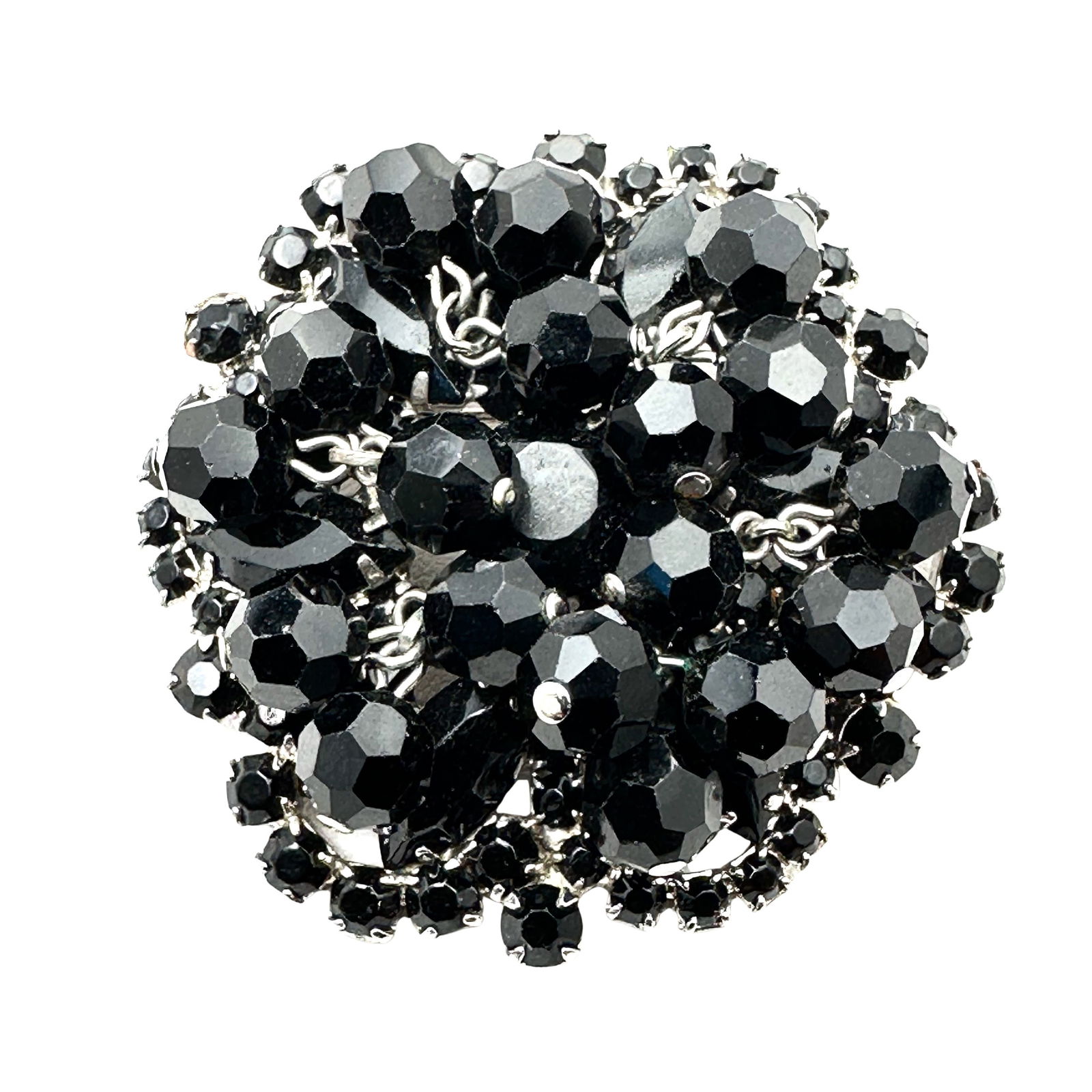 Vintage Black Glass Rhinestone Cha Cha Bead Silver Tone Brooch Pin 2 Inch (1 of 2)