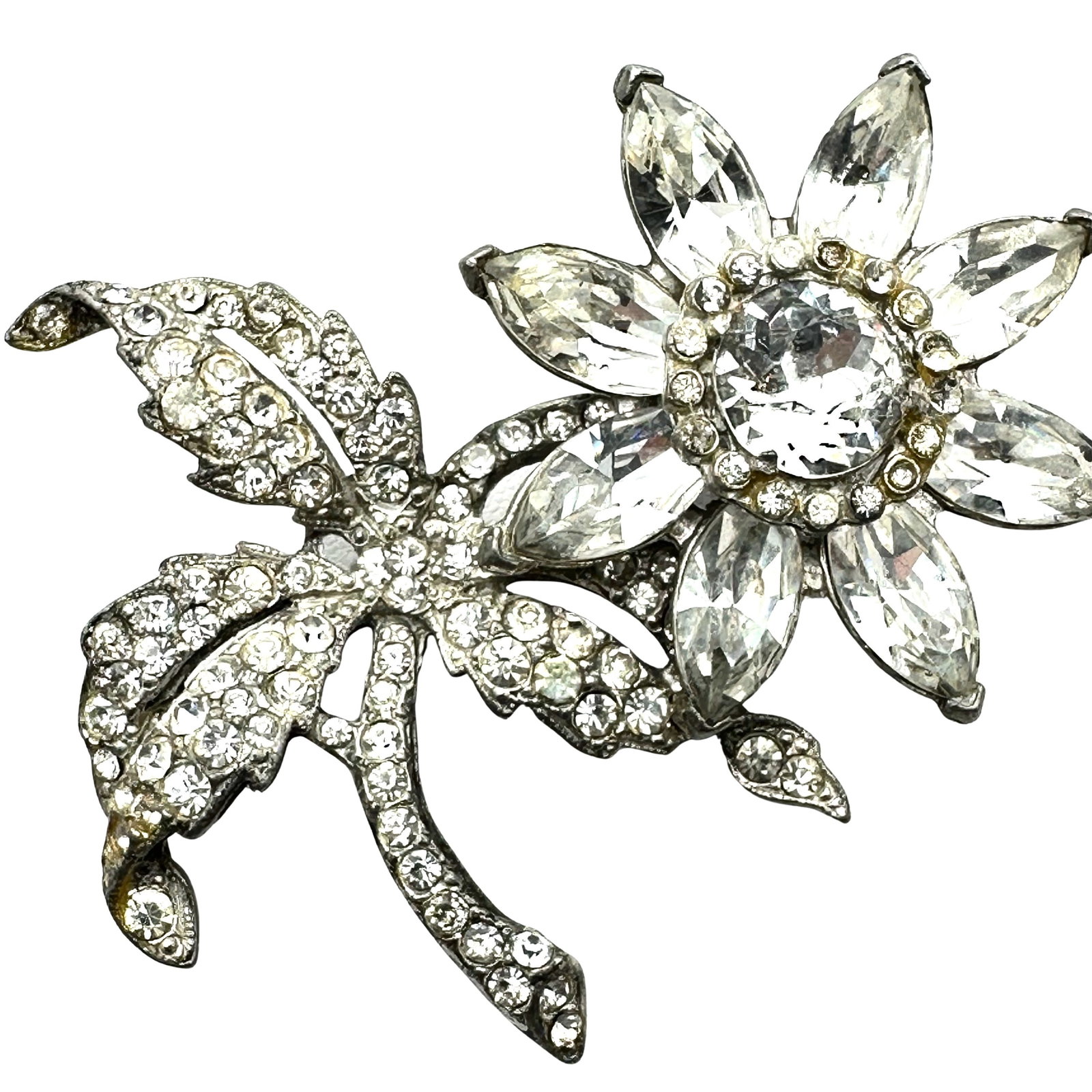 Antique Vintage Clear Rhinestone Silver Pot Metal Flower Brooch Pin 2.5 Inch: Antique Vintage Clear Rhinestone Silver Pot Metal Flower Brooch Pin 2.5 Inch