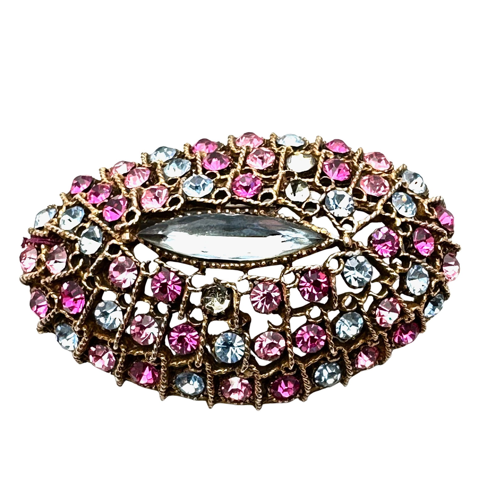 Vintage Art Arthur Pepper Blue Pink Glass Rhinestone Gold Tone Brooch Pin 2.5 Inch Domed Design: Vintage Art Arthur Pepper Blue Pink Glass Rhinestone Gold Tone Brooch Pin 2.5 Inch Domed Design