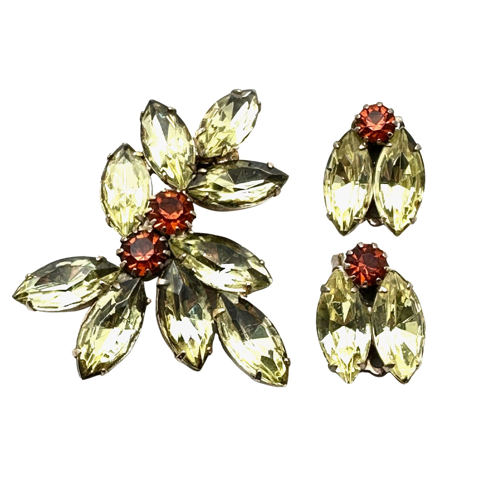 Vintage Yellow Orange Glass Rhinestone Gold Tone Brooch Pin Clip Earrings Set (1 of 2)