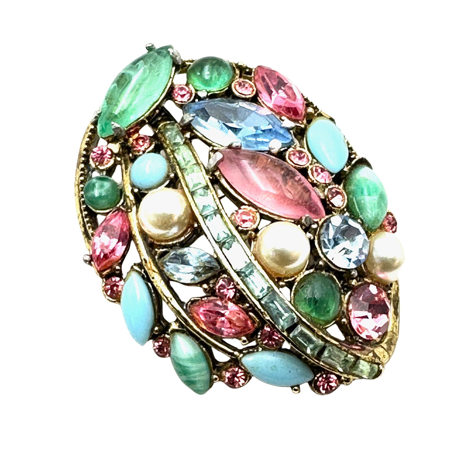Vintage Weiss Pastel Multicolor Rhinestone Faux Pearl Gold Tone Brooch Pin 2 Inch: Vintage Weiss Pastel Multicolor Rhinestone Faux Pearl Gold Tone Brooch Pin 2 Inch