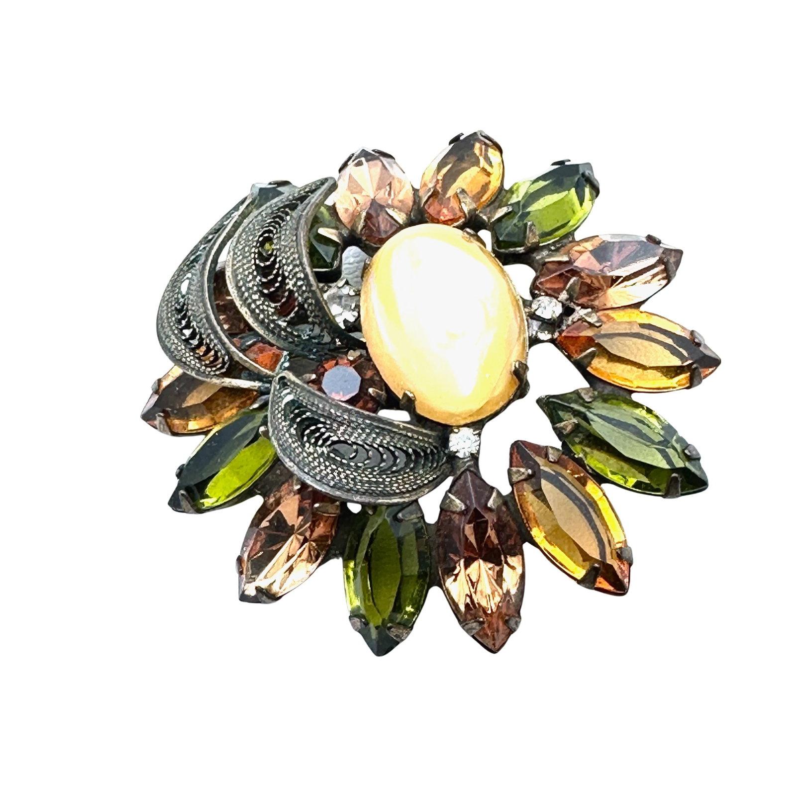 Vintage Green Amber Yellow Glass Rhinestone Antiqued Gold Tone Flower Brooch Pin: Vintage Green Amber Yellow Glass Rhinestone Antiqued Gold Tone Flower Brooch Pin