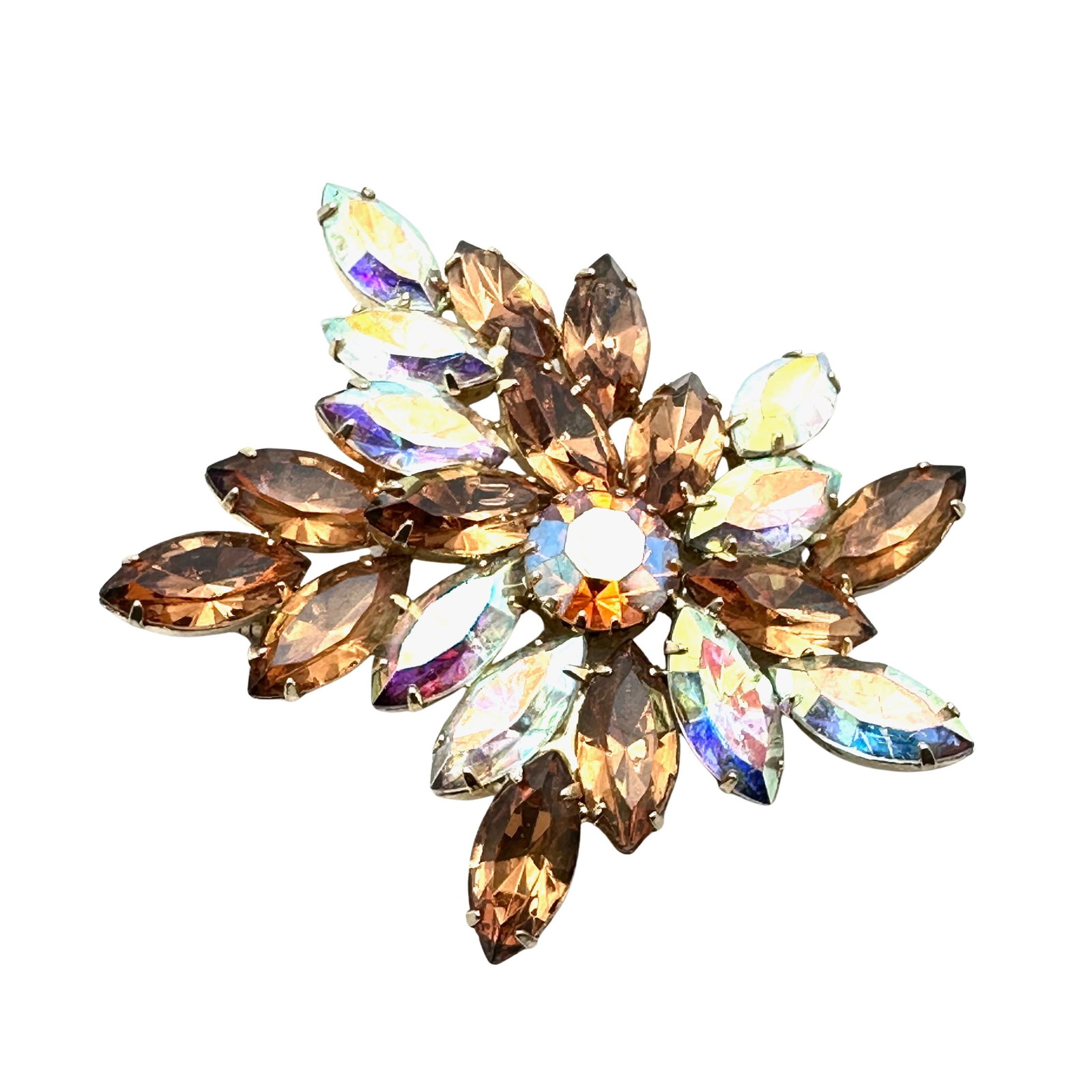 Vintage Amber Aurora Borealis Glass Rhinestone Gold Tone Brooch Pin 2.5 Inch: Vintage Amber Aurora Borealis Glass Rhinestone Gold Tone Brooch Pin 2.5 Inch