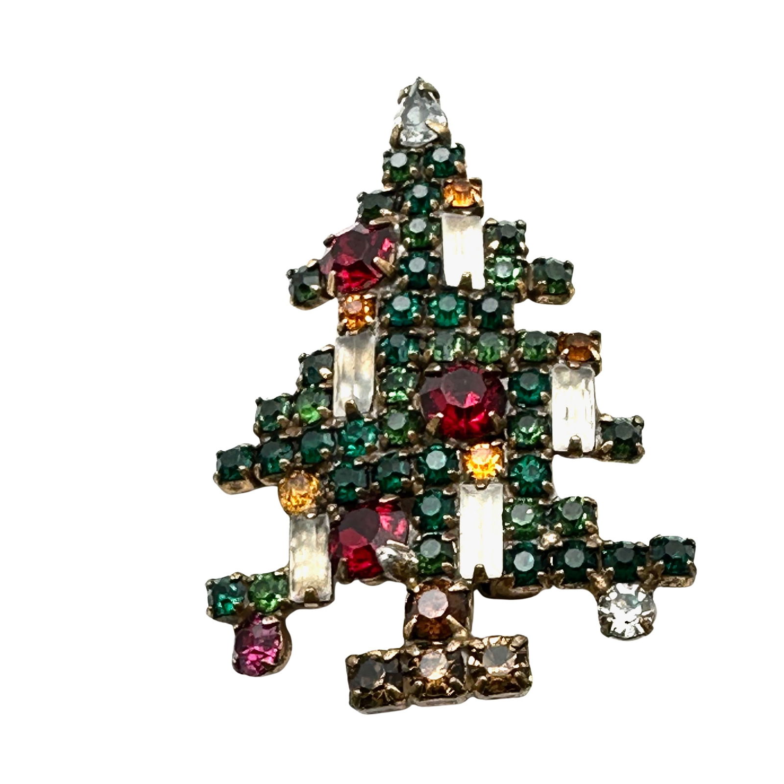 Vintage Weiss Multicolor Rhinestone Candle Christmas Tree Brooch Pin 2 Inch Antiqued Gold Tone (1 of 2)