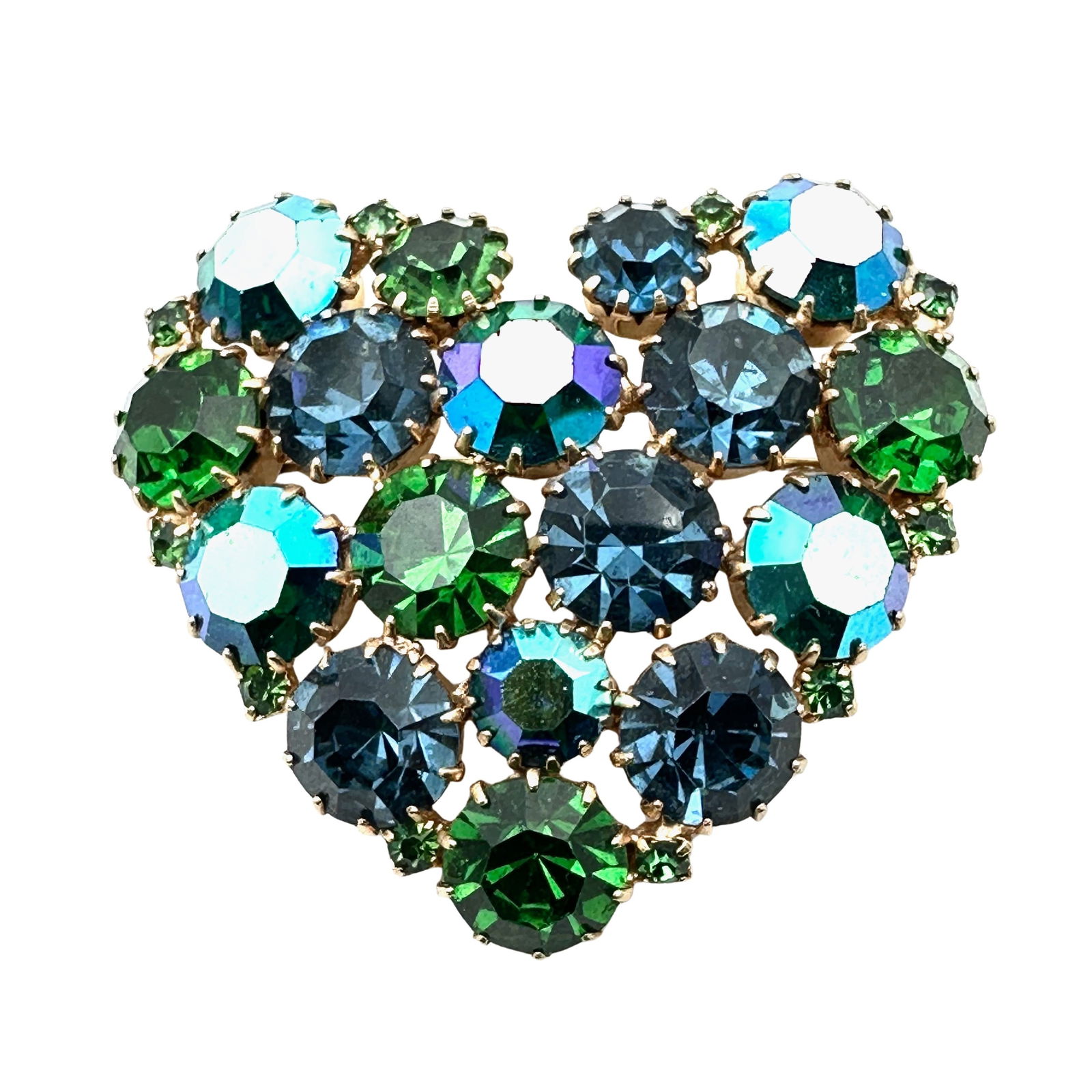 Vintage Karu Blue Green Aurora Borealis Glass Rhinestone Heart Brooch Pin 2 Inch (1 of 2)