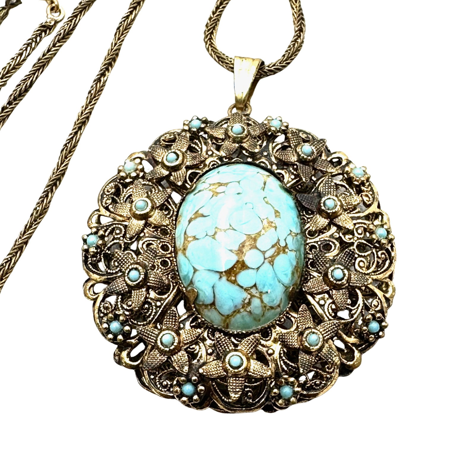 Antique Vintage Turquoise Blue Czech Glass Gold Tone Filigree Pendant Necklace 20 Inch Chain: Antique Vintage Turquoise Blue Czech Glass Gold Tone Filigree Pendant Necklace 20 Inch Chain