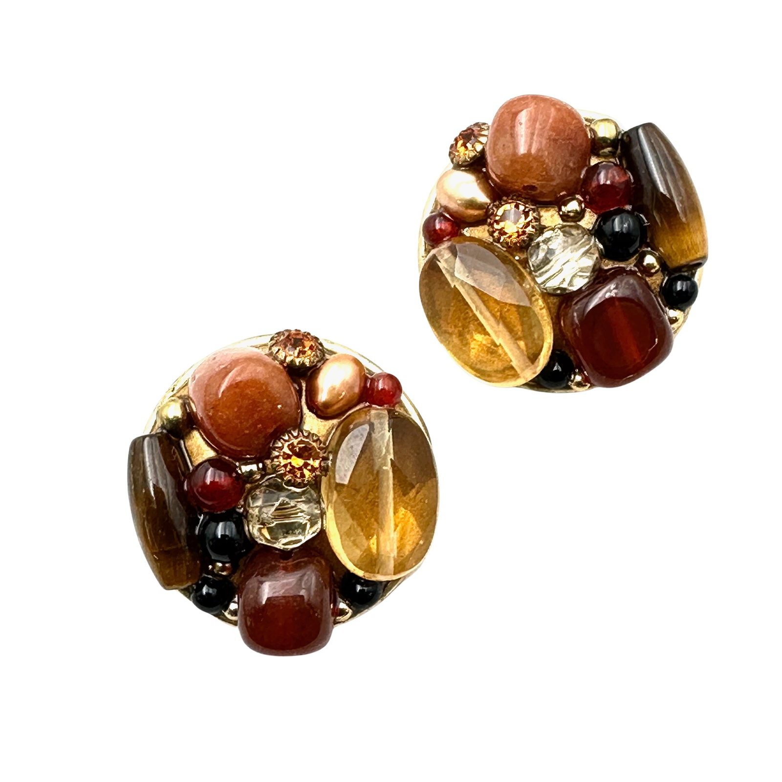 Michal Golan Tigers Eye Gemstone Crystal Antiqued Gold Tone Clip Earrings: Michal Golan Tigers Eye Gemstone Crystal Antiqued Gold Tone Clip Earrings