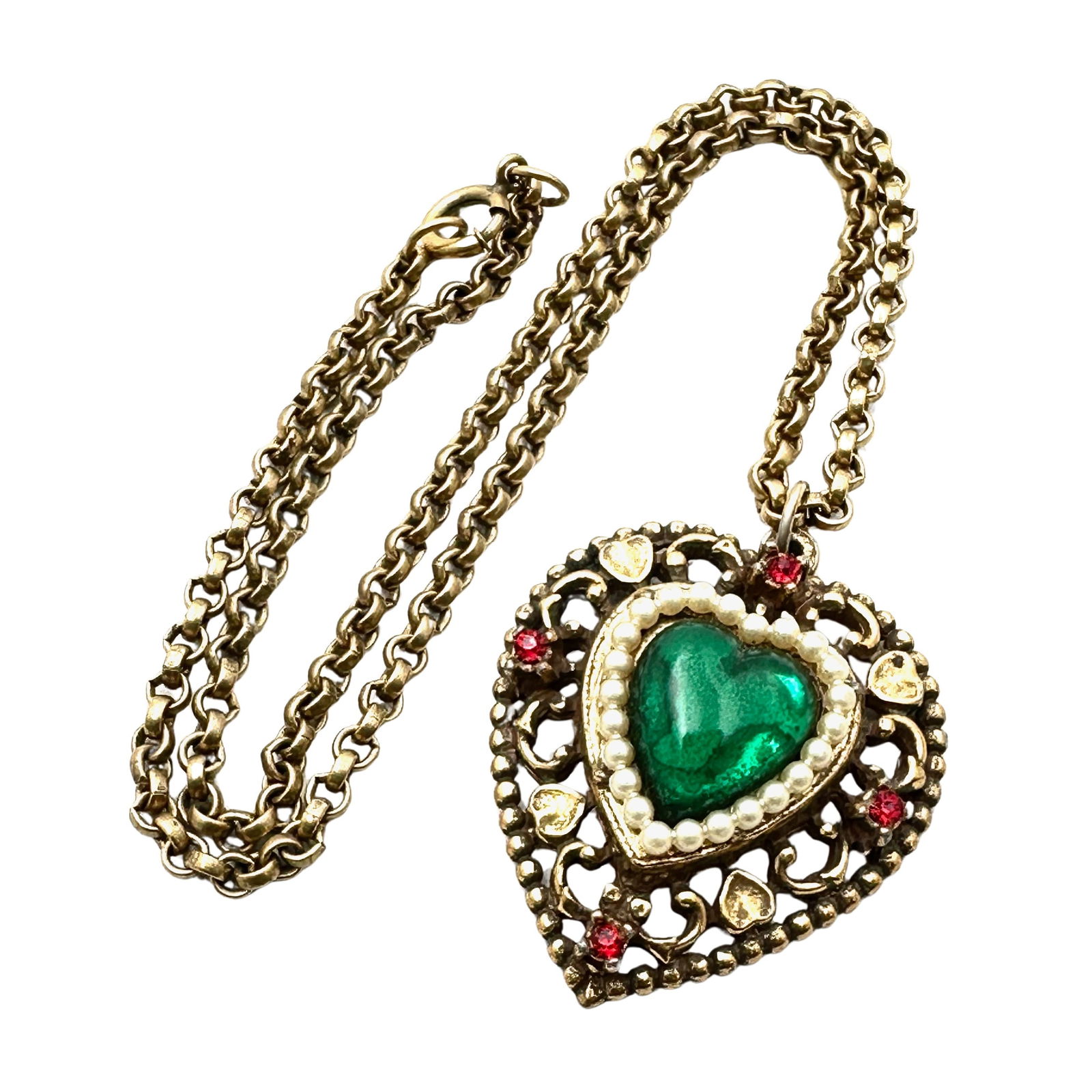 Vintage Coro Green Red Rhinestone Antiqued Gold Tone Heart Pendant Necklace 15 Inch Chain: Vintage Coro Green Red Rhinestone Antiqued Gold Tone Heart Pendant Necklace 15 Inch Chain