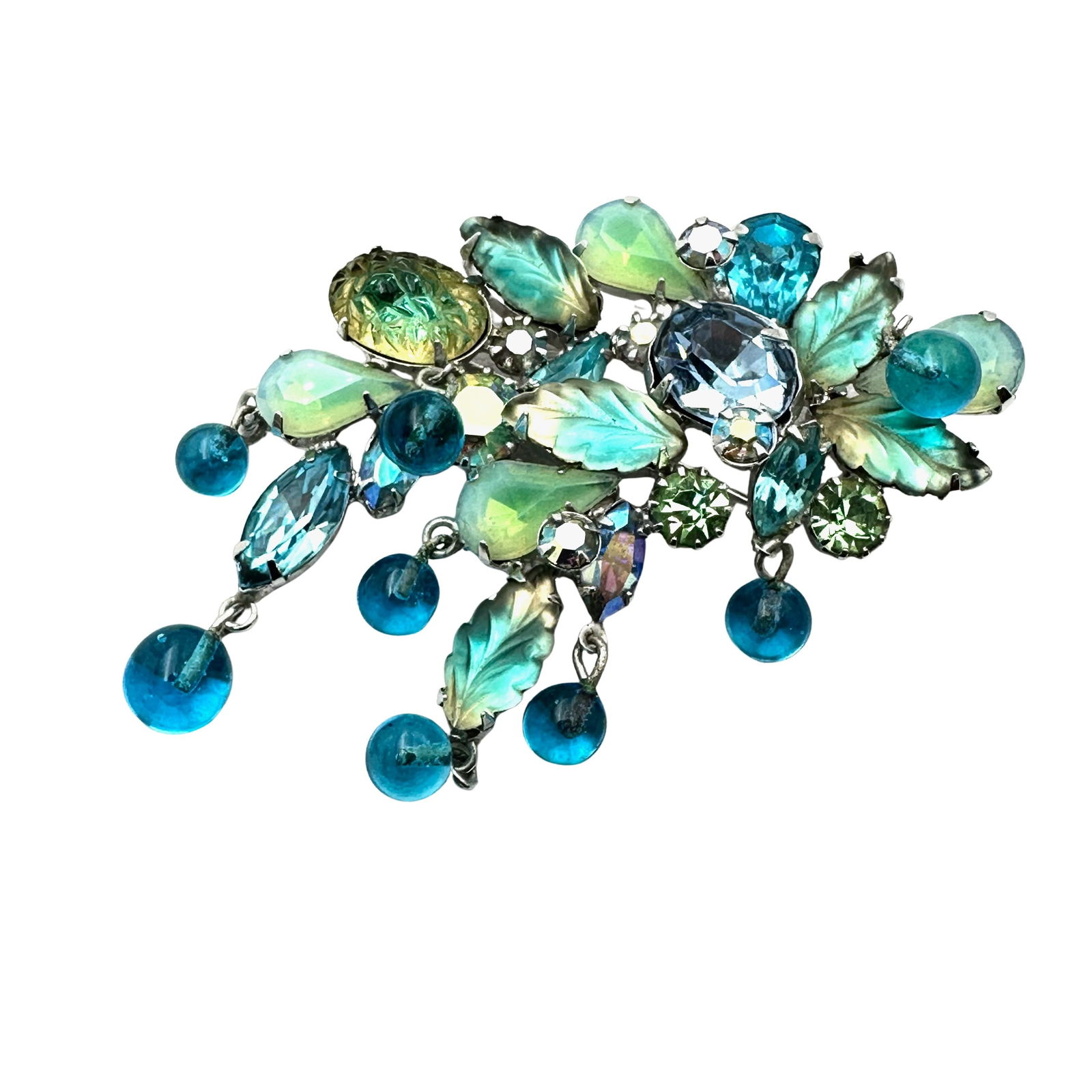 Vintage Kramer Blue Green Glass Rhinestone Silver Tone Brooch Pin 2.75 Inch (1 of 2)