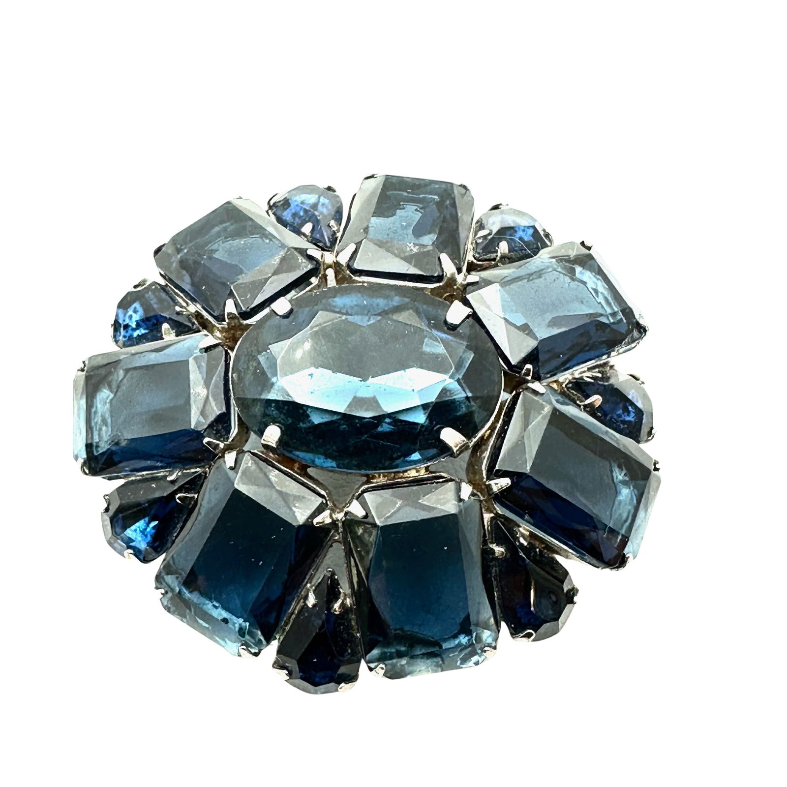 Vintage Dark Blue Glass Rhinestone Silver Tone Brooch Pin 2.5 Inch (1 of 2)