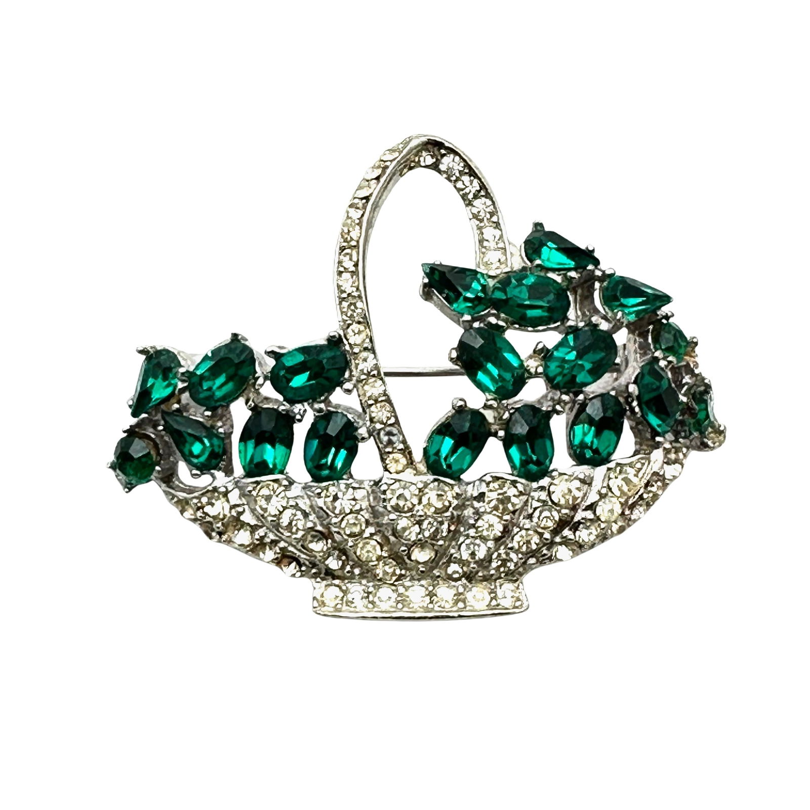 Vintage Weisner Green Clear Glass Rhinestone Silver Tone Flower Basket Brooch Pin 2 Inch (1 of 2)
