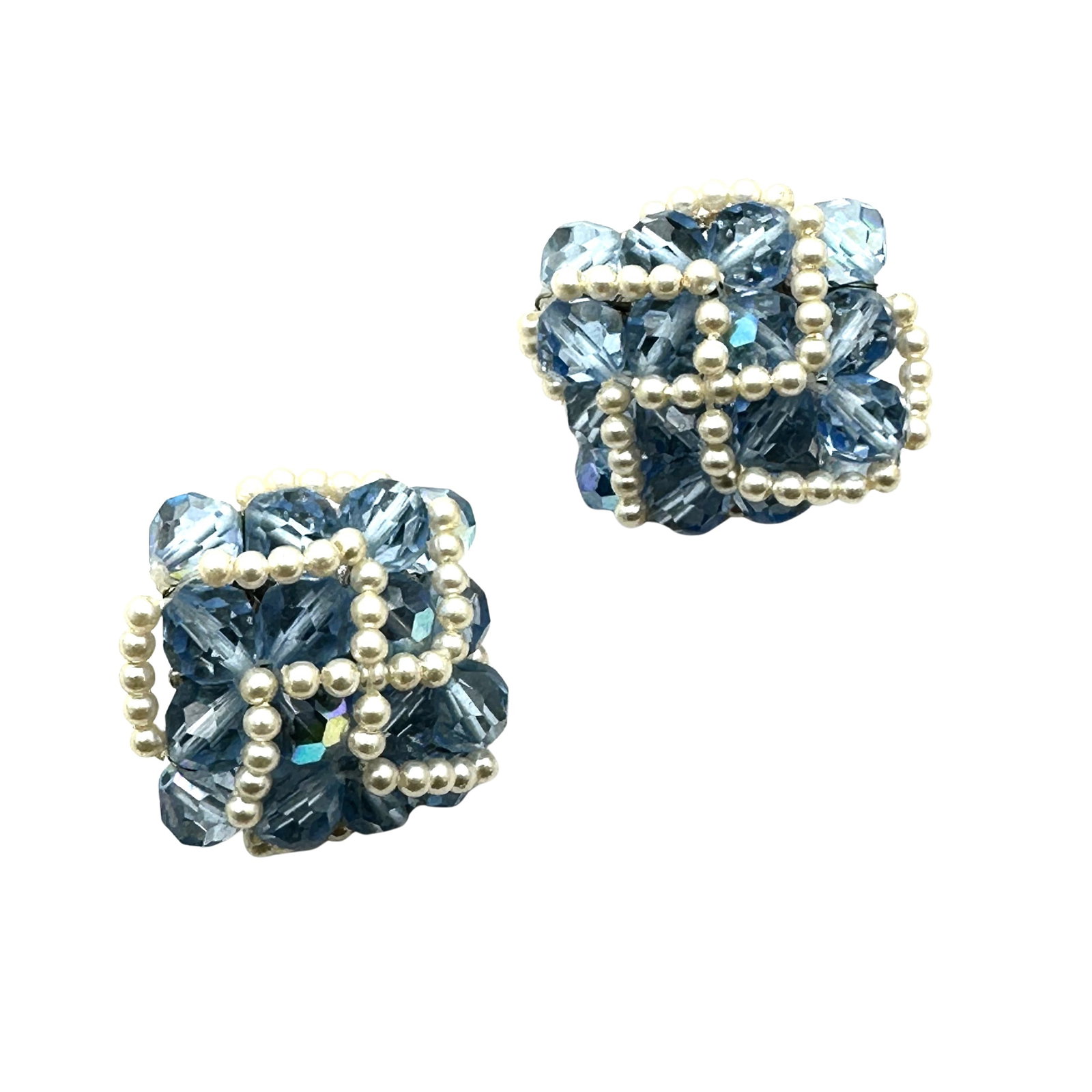 Vintage Vendome Blue Crystal Faux Pearl Silver Tone Clip Earrings 1.25 Inch: Vintage Vendome Blue Crystal Faux Pearl Silver Tone Clip Earrings 1.25 Inch