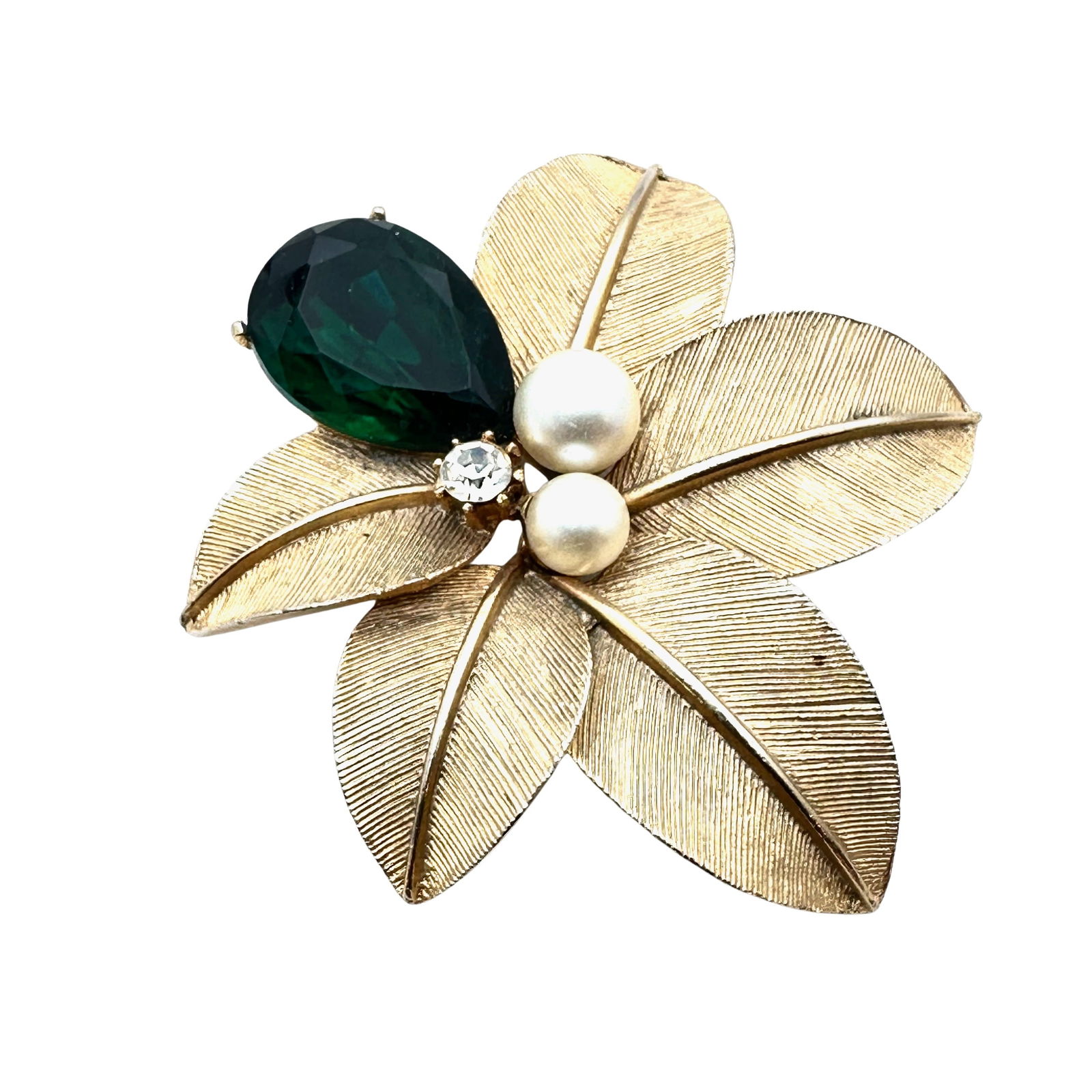 Vintage Emerald Green Glass Rhinestone Gold Tone Brooch Pin 3 Inch: Vintage Emerald Green Glass Rhinestone Gold Tone Brooch Pin 3 Inch