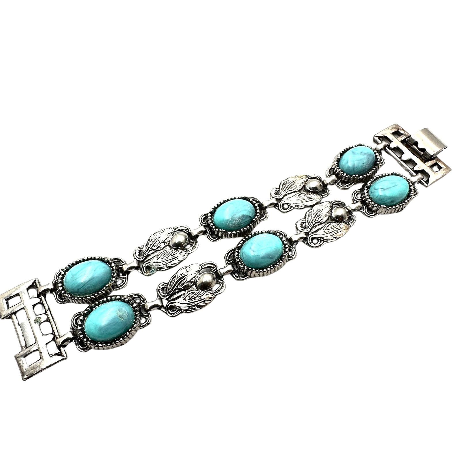 Vintage Faux Turquoise Lucite Silver Tone Wide Double Strand Bracelet 7 Inch (1 of 2)
