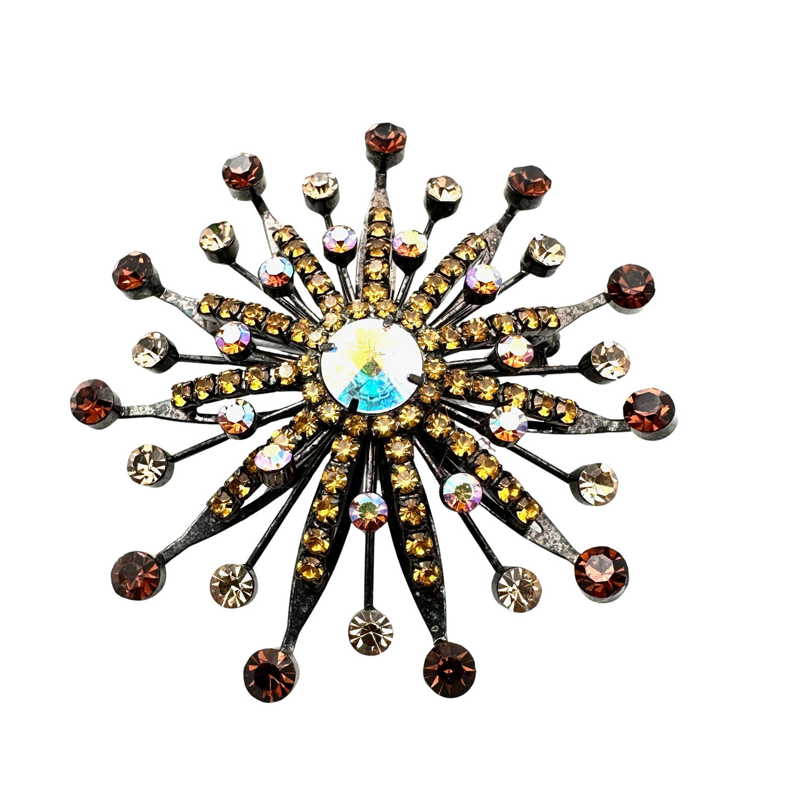 Vintage Amber Glass Rhinestone Star Burst Brooch Pin Black Japanned Metal 3 Inch (1 of 2)