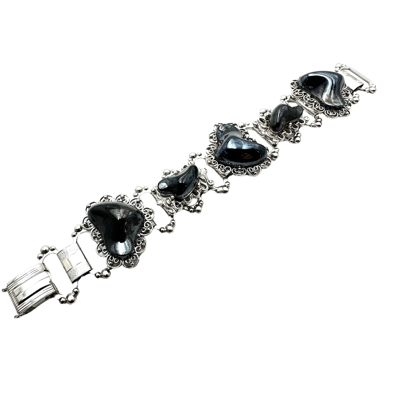 Vintage Black Lucite Silver Tone Filigree Book Chain Bracelet 7 Inch (1 of 2)