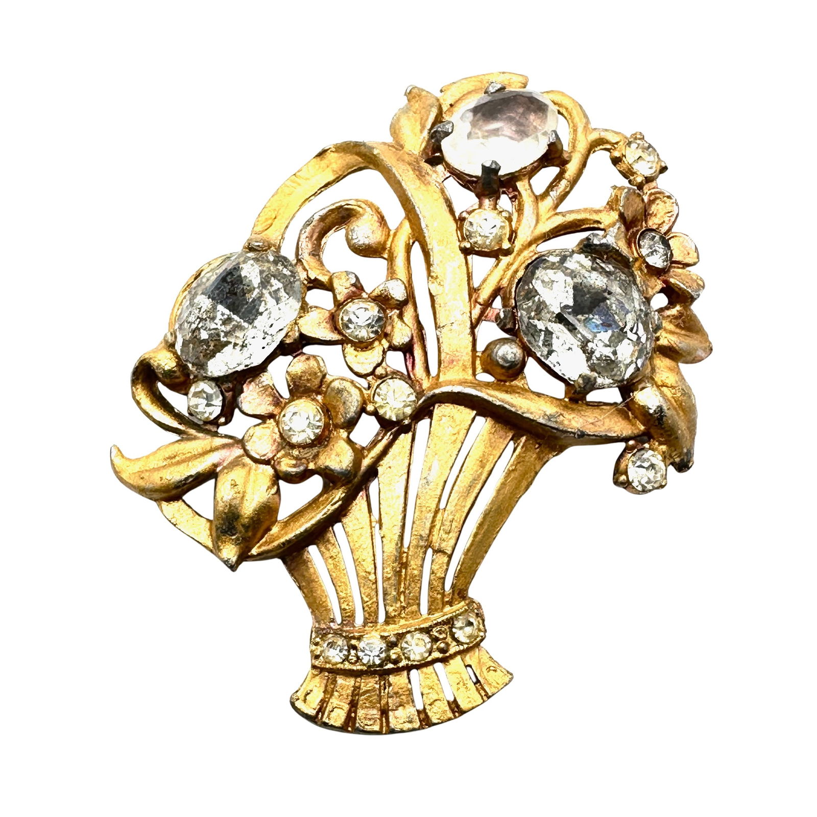 Antique Vintage Gold Over Silver Pot metal Clear Rhinestone Flower Basket Brooch Pin 2.5 Inch (1 of 2)