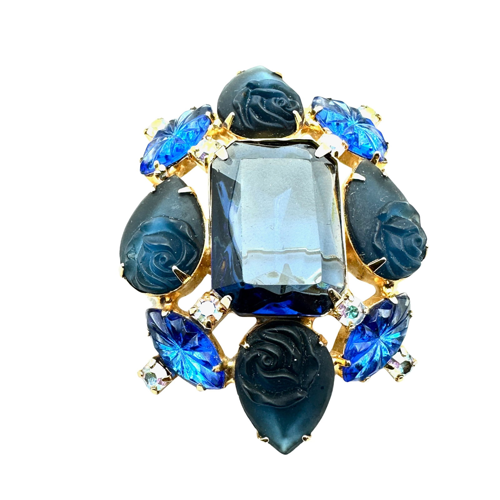 Vintage Rose Pressed Glass Blue Rhinestone Gold Tone Brooch Pin 2.25 Inch: Vintage Rose Pressed Glass Blue Rhinestone Gold Tone Brooch Pin 2.25 Inch