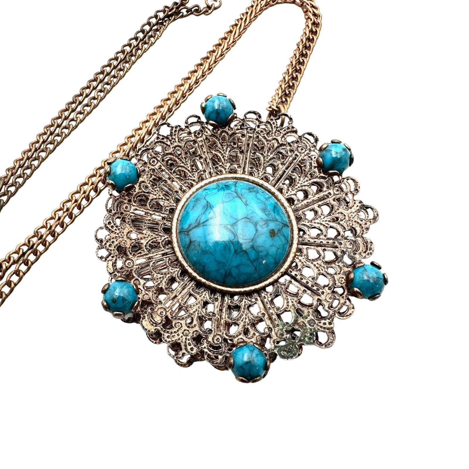 Vintage Faux Turquoise Lucite Copper Filigree Pendant Necklace 24 Inch Chain: Vintage Faux Turquoise Lucite Copper Filigree Pendant Necklace 24 Inch Chain