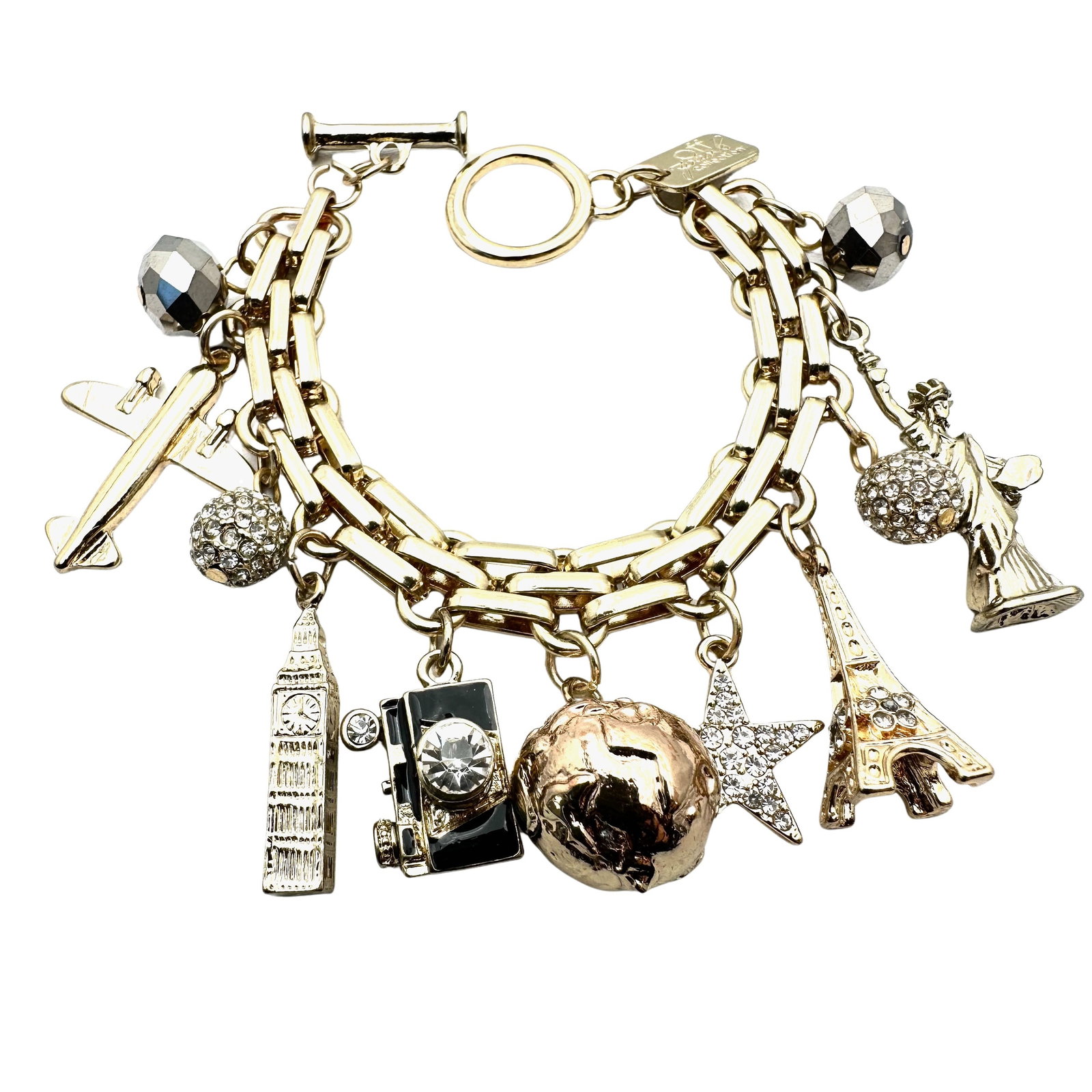 Off Park Collection Clear Rhinestone Gold Tone Travel Charm Bracelet 7 Inch Heavy Quality: Off Park Collection Clear Rhinestone Gold Tone Travel Charm Bracelet 7 Inch Heavy Quality