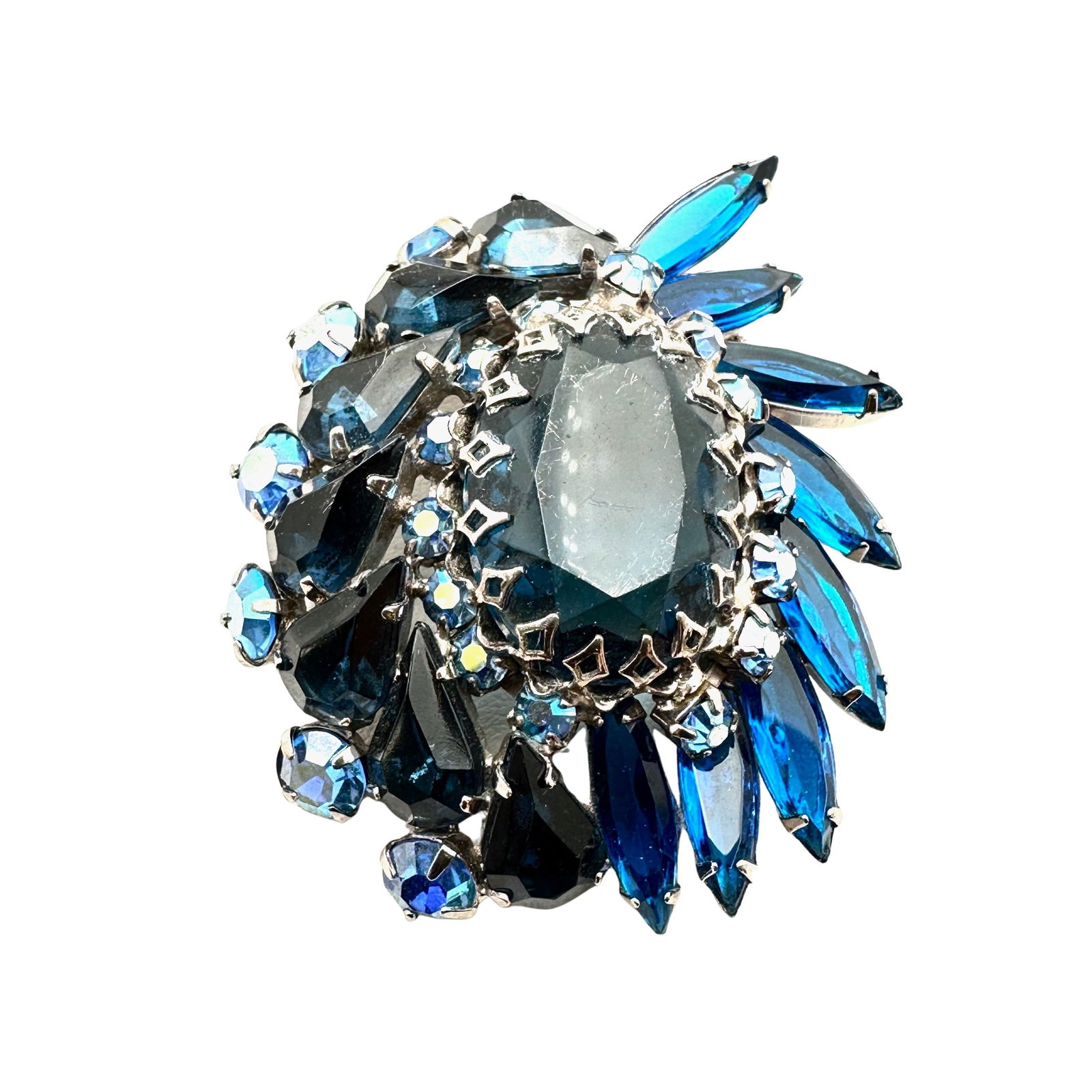 Vintage Juliana Blue Glass Rhinestone Silver Tone Brooch Pin 2.25 Inch (1 of 2)