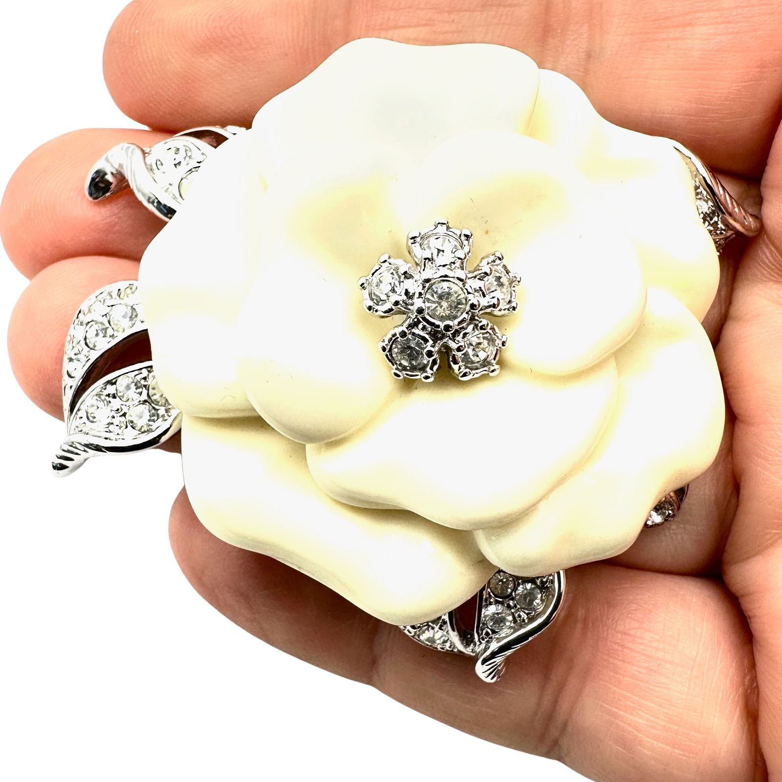 Vintage Nolan Miller Ivory Lucite Rose Clear Rhinestone Silver Tone Brooch Pin 2.5 Inch (1 of 2)