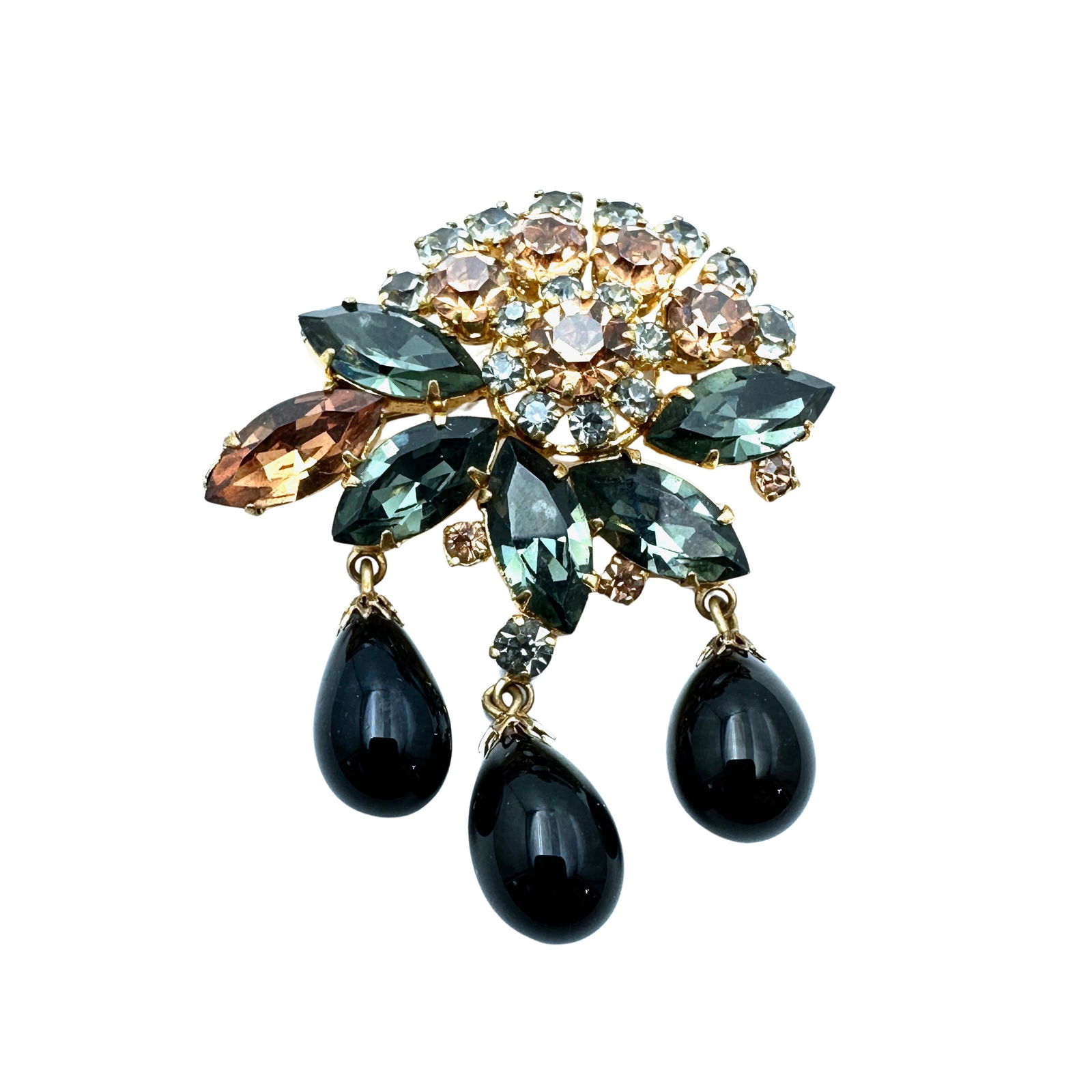 Vintage Austria Amber Grey Black Rhinestone Gold Tone Brooch with Dangles 2 Inch: Vintage Austria Amber Grey Black Rhinestone Gold Tone Brooch with Dangles 2 Inch