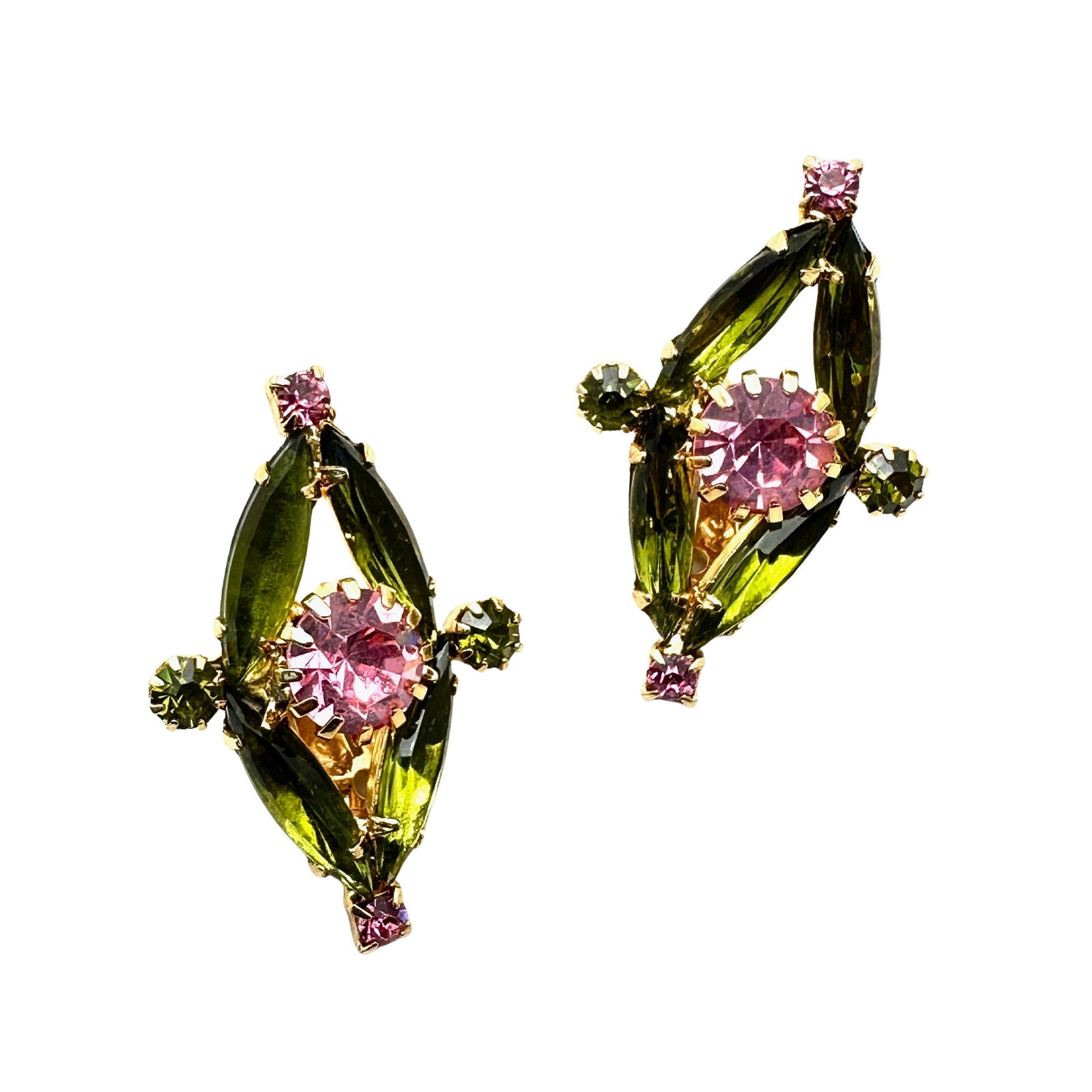 Vintage High End Olive Green & Pink Glass Rhinestone Clip Earrings 1.25 Inch (1 of 2)