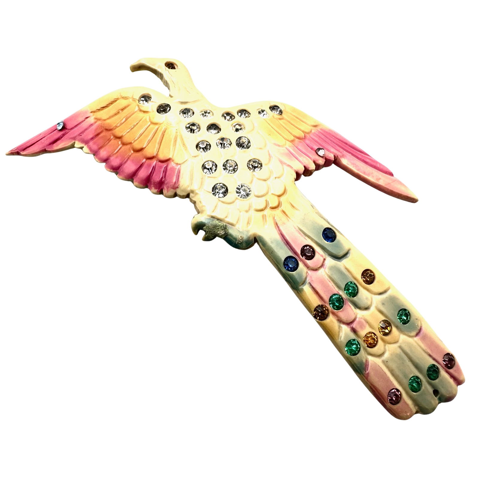 Vintage Celluloid Multicolor Rhinestone Large 4 Inch Bird Brooch Pin (1 of 2)
