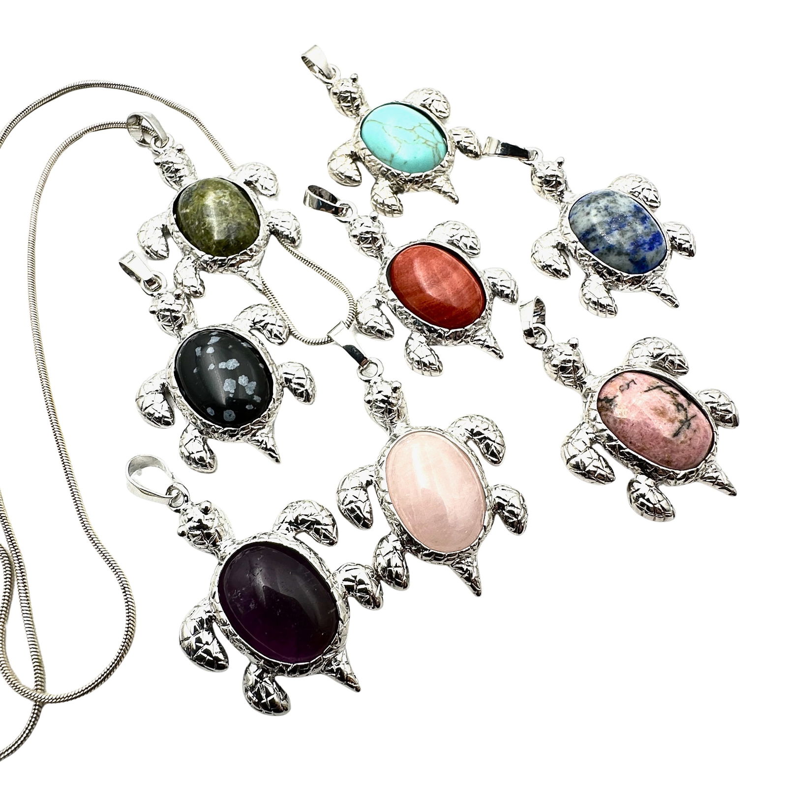 Multi Gemstone Silver Tone 1.5 Inch Turtle Pendants and Chain 16 Inch (1 of 2)