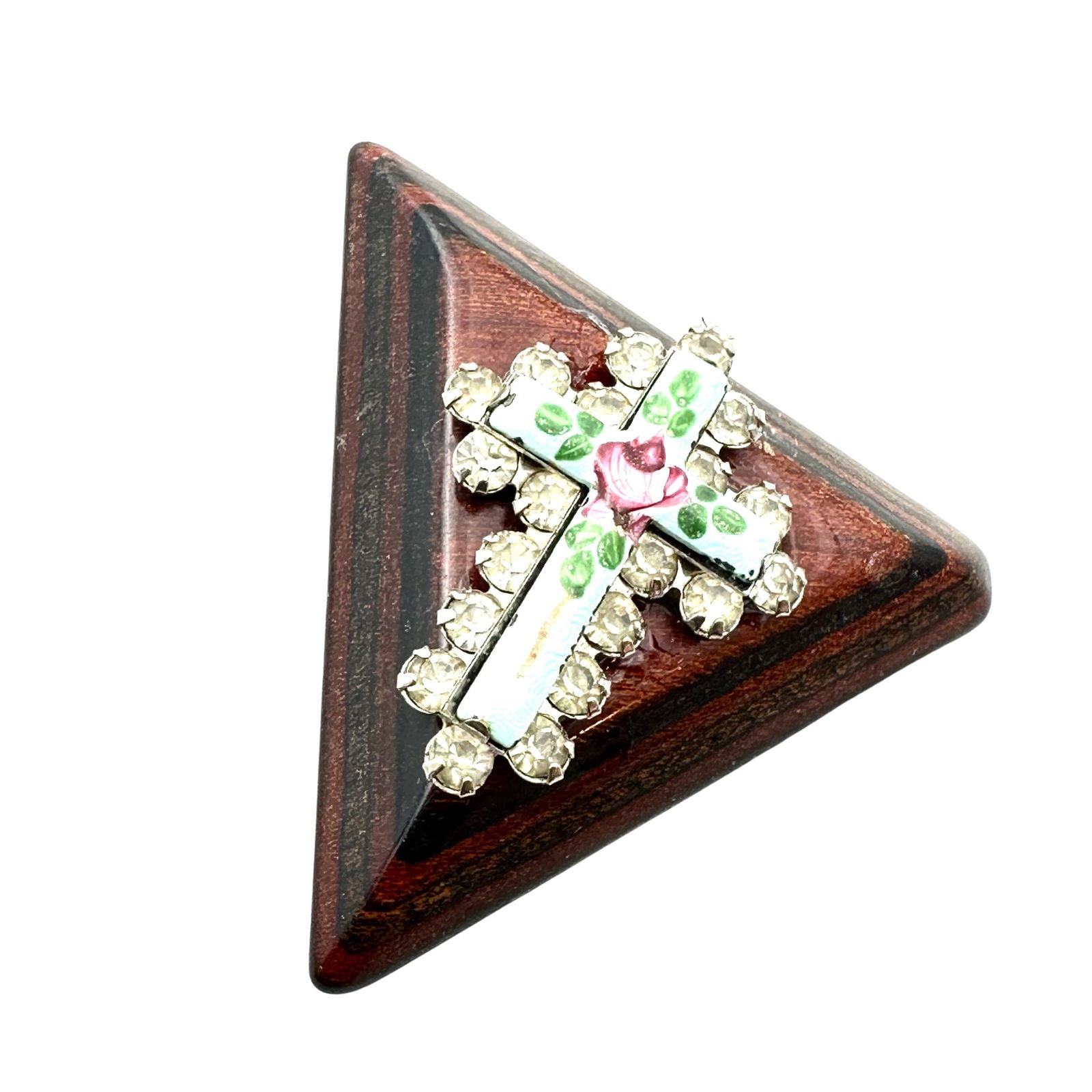 Vintage Guilloche Enamel Rhinestone Cross Brooch Pin Wood 2 Inch: Vintage Guilloche Enamel Rhinestone Cross Brooch Pin Wood 2 Inch