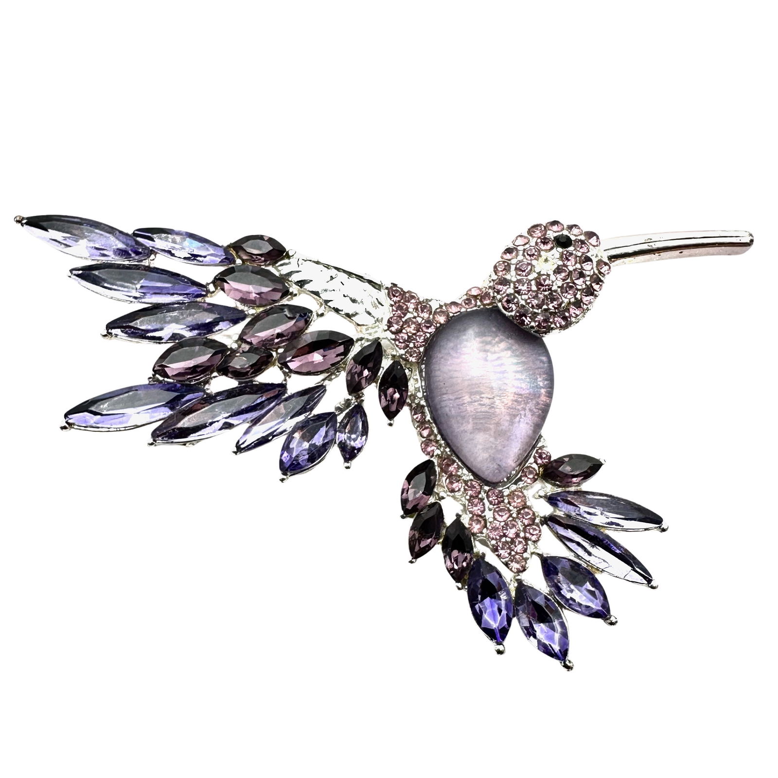 Rhinestone Purple Pink Rhinestone Silver Tone Humming Bird Brooch Pin 3 Inch (1 of 2)