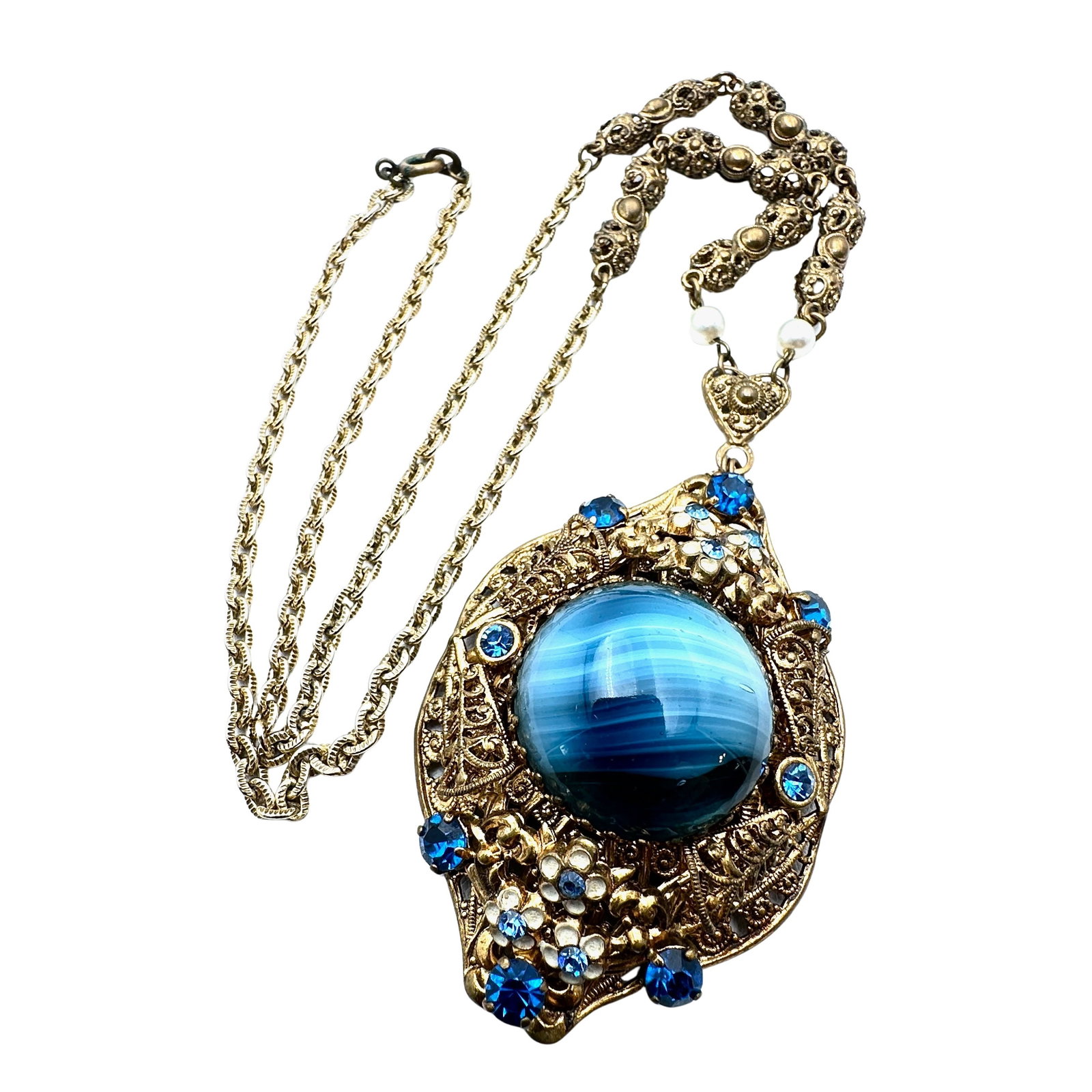 Vintage West Germany Blue Glass Rhinestone Antiqued Gold Tone Pendant Necklace 22 Inch: Vintage West Germany Blue Glass Rhinestone Antiqued Gold Tone Pendant Necklace 22 Inch
