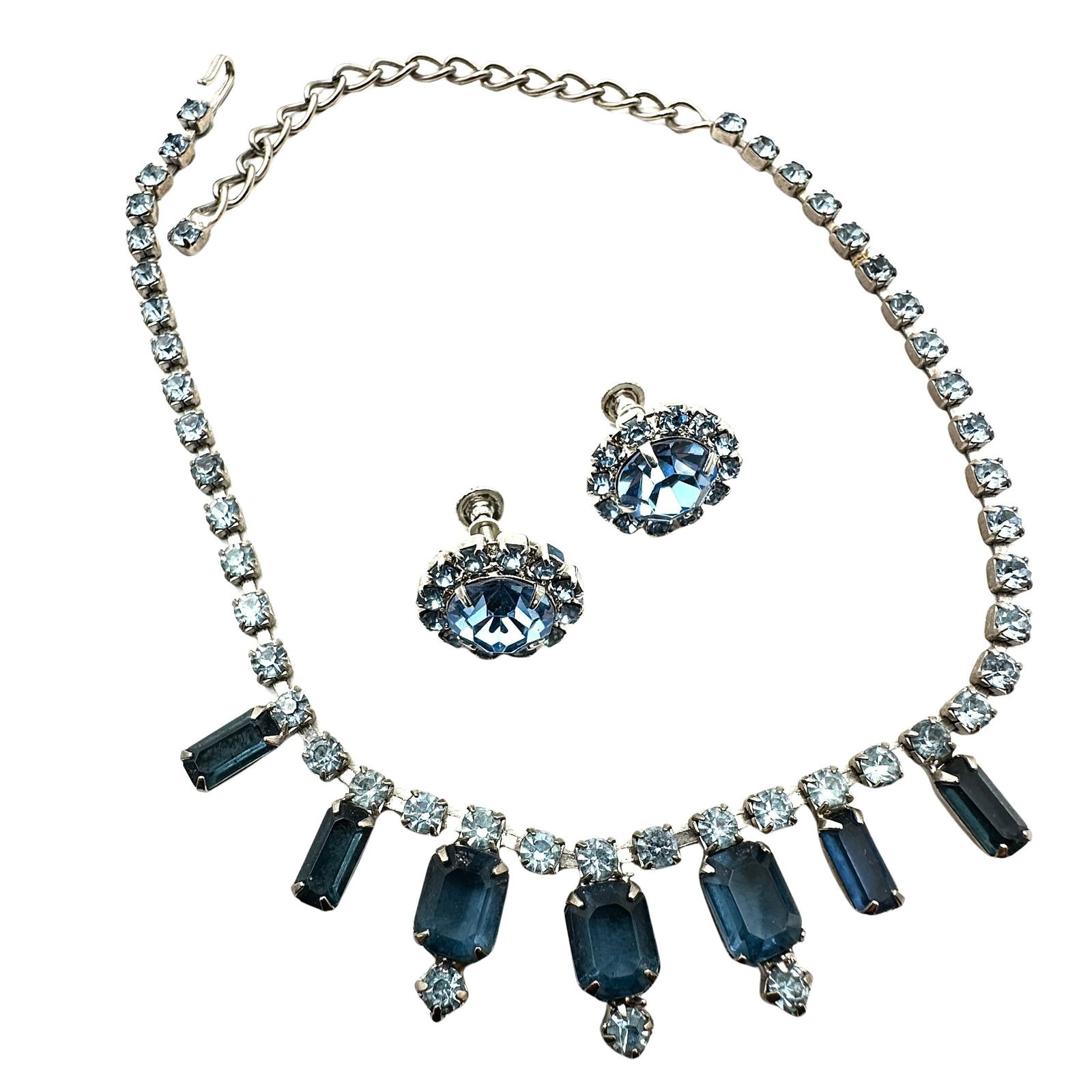 Vintage Blue Glass Rhinestone Silver Tone Necklace & Earrings Set (1 of 2)
