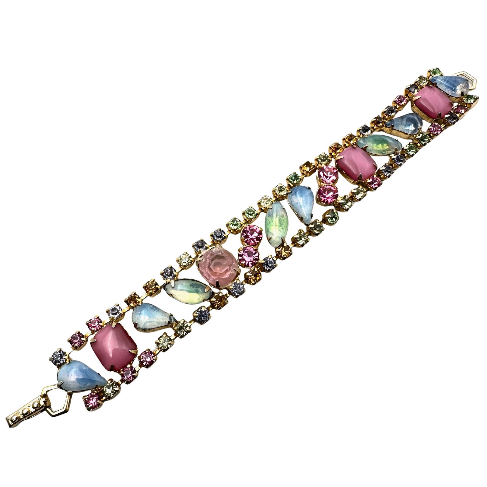 Vintage High End Pastel Glass Rhinestone Gold Tone Bracelet 6.5 Inch: Vintage High End Pastel Glass Rhinestone Gold Tone Bracelet 6.5 Inch