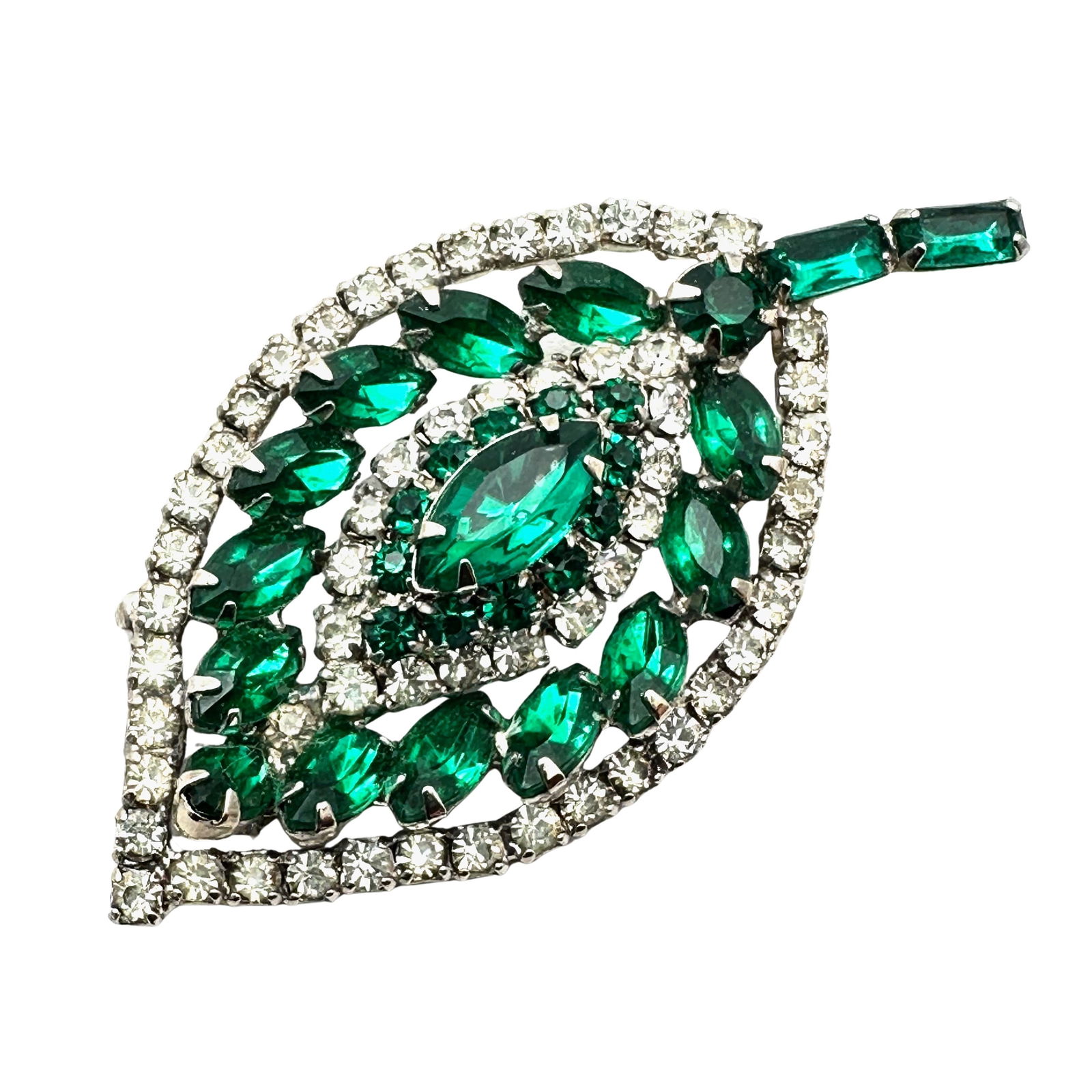 Vintage Emerald Green And Clear Glass Rhinestone Silver Tone Brooch Pin 2.75 Inch: Vintage Emerald Green And Clear Glass Rhinestone Silver Tone Brooch Pin 2.75 Inch