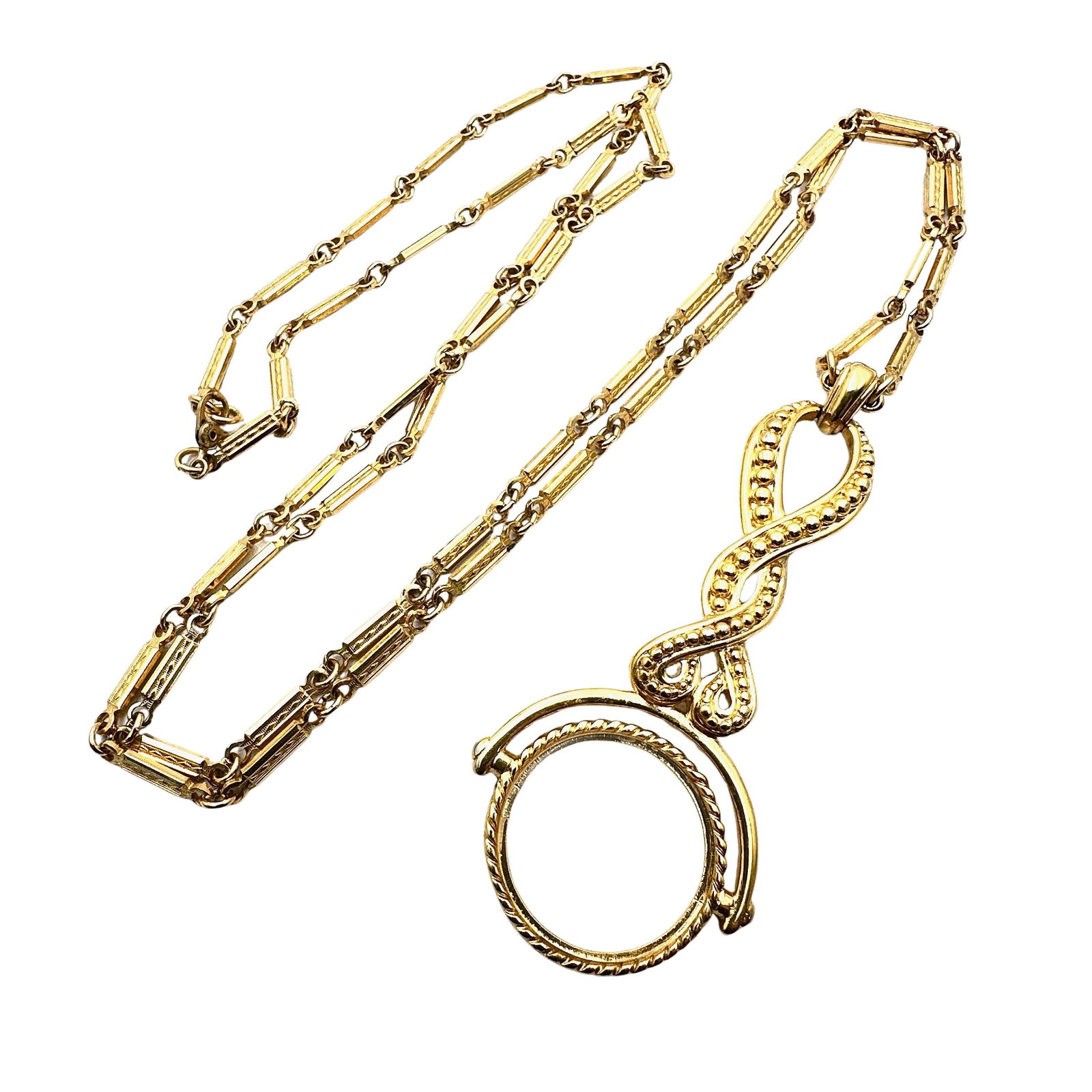 Vintage Monet Gold Tone Magnifier Glass Pendant Necklace Fancy Chain 34 Inch (1 of 2)