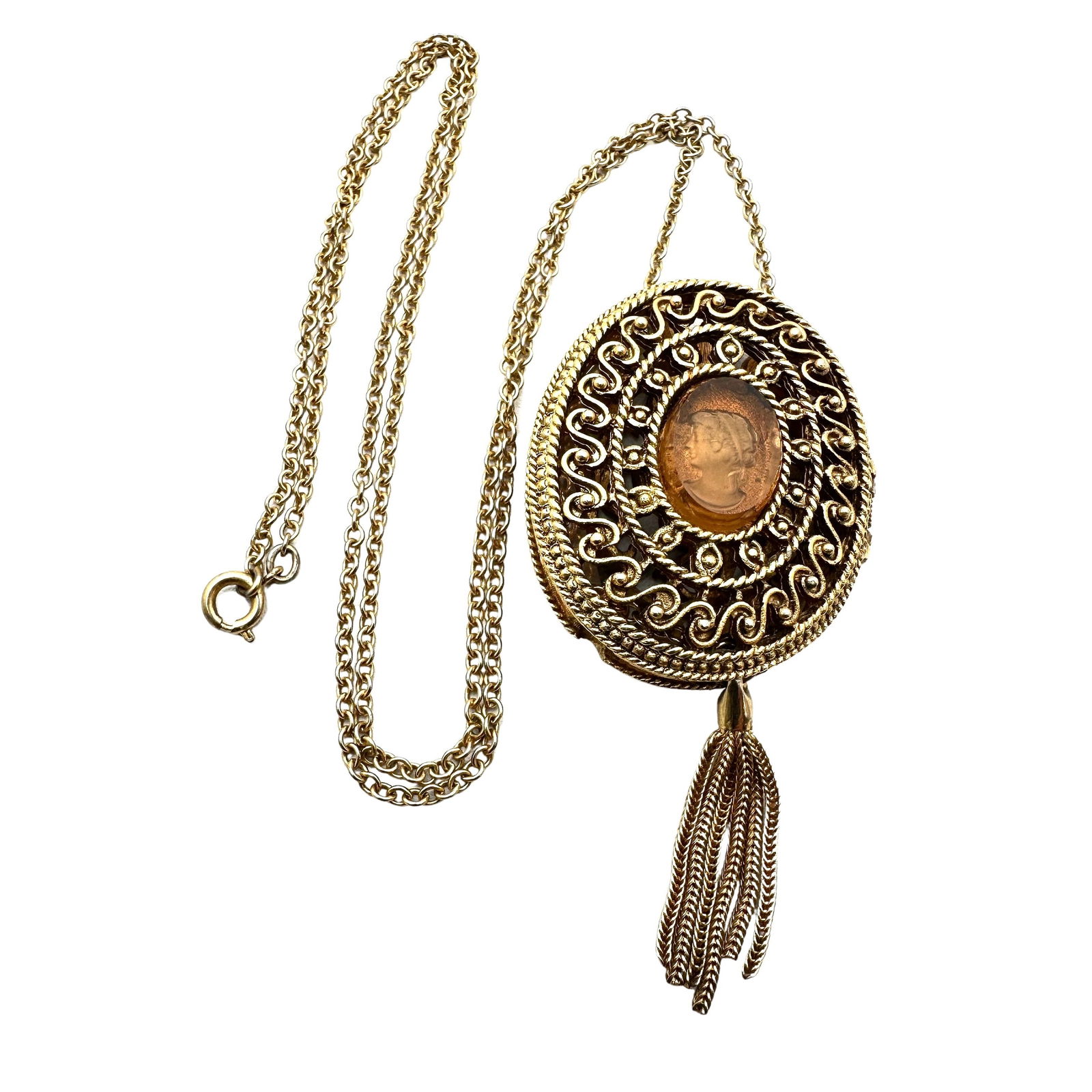 Vintage Intaglio Glass Gold Tone Filigree Pendant Necklace 24 Inch Chain: Vintage Intaglio Glass Gold Tone Filigree Pendant Necklace 24 Inch Chain