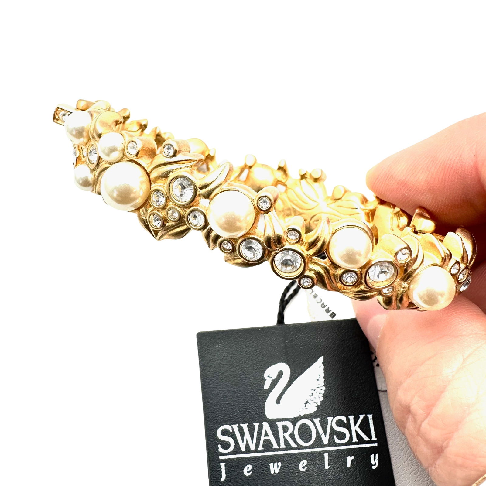 Vintage Swarovski Crystal Faux Pearl Gold Tone Bracelet 6 3/4 Inch Original Card: Vintage Swarovski Crystal Faux Pearl Gold Tone Bracelet 6 3/4 Inch Original Card
