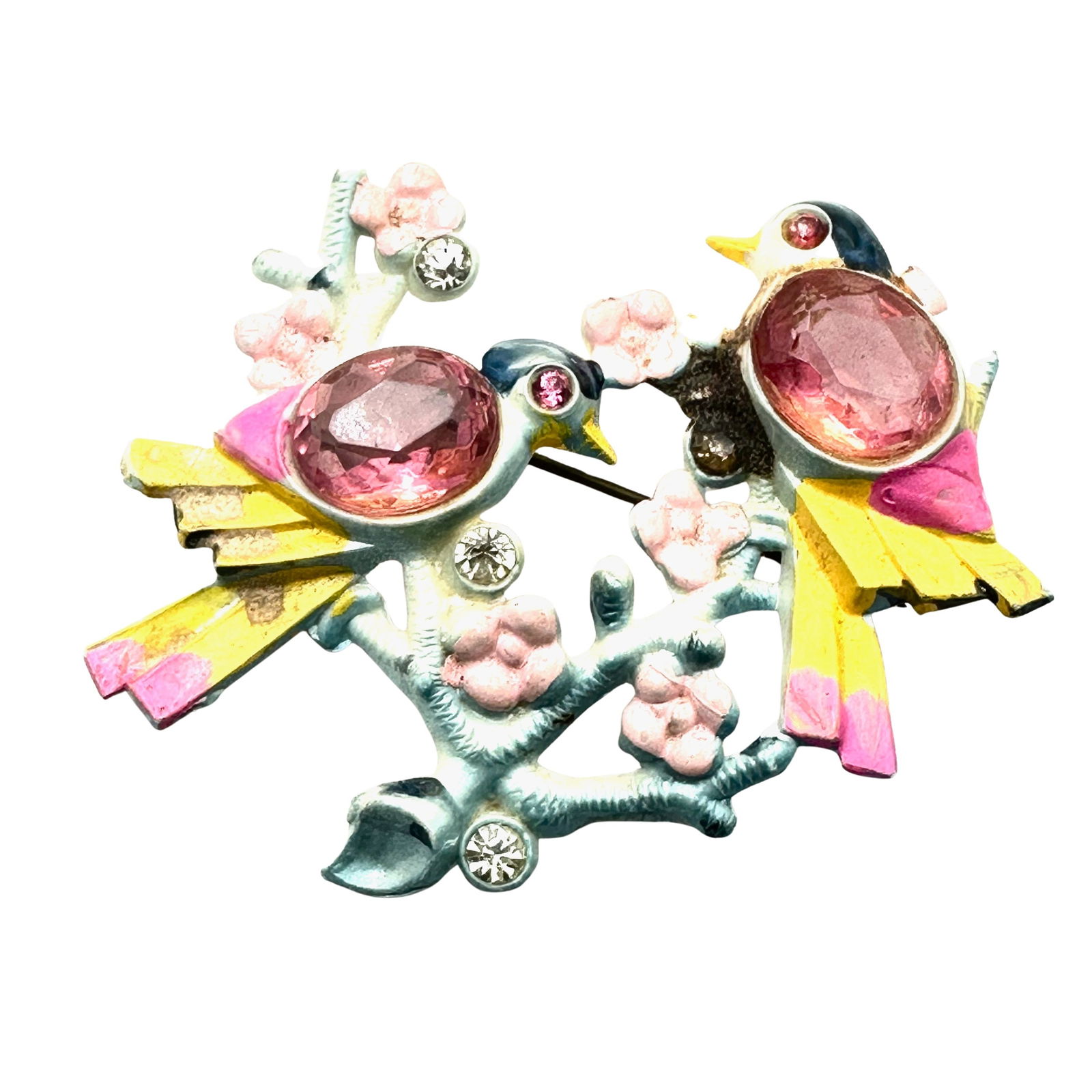 Vintage Celluloid Rhinestone Pastel Bird Brooch Pin 2 Inch (1 of 2)