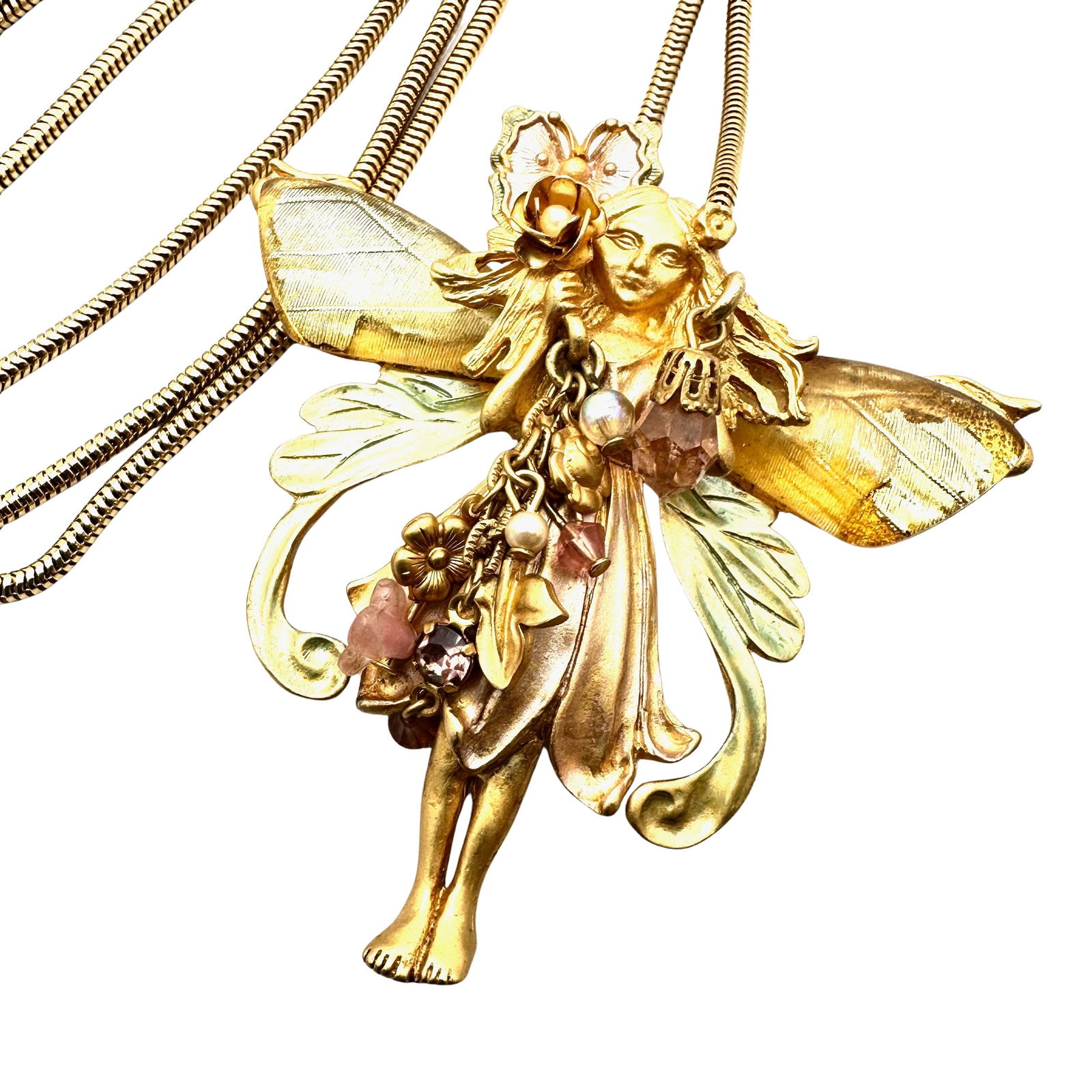Vintage Kirks Folly Gold Tone Crystal Fairy 3 Inch Pendant Pin Necklace 30 Inch Chain (1 of 2)